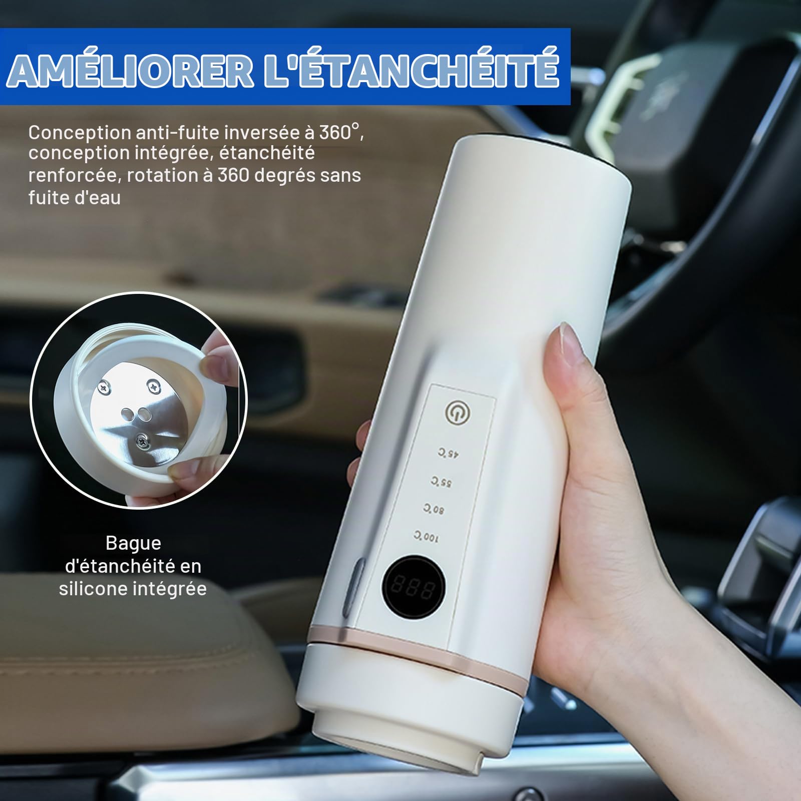 Bouilloire pour voiture, 500 ml, bouilloire de voyage portable 12 V 24 V, avec réglage de la température, pour thé, café, voyage, camping, arrêt automatique, anti-fuite, beige