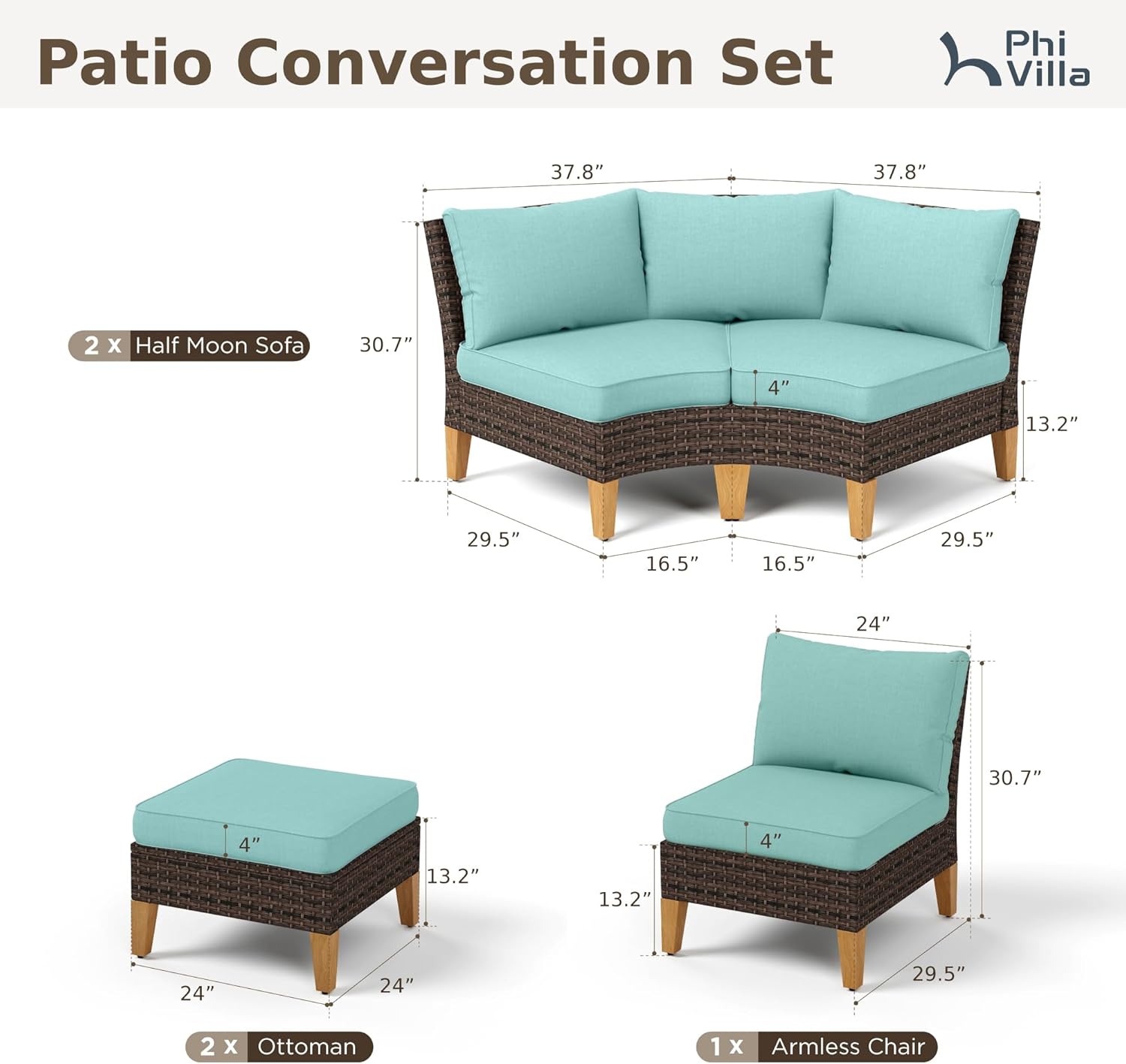 Detailed dimensions of PHI VILLA Half Moon Sofa, Ottoman, and Armless Chair