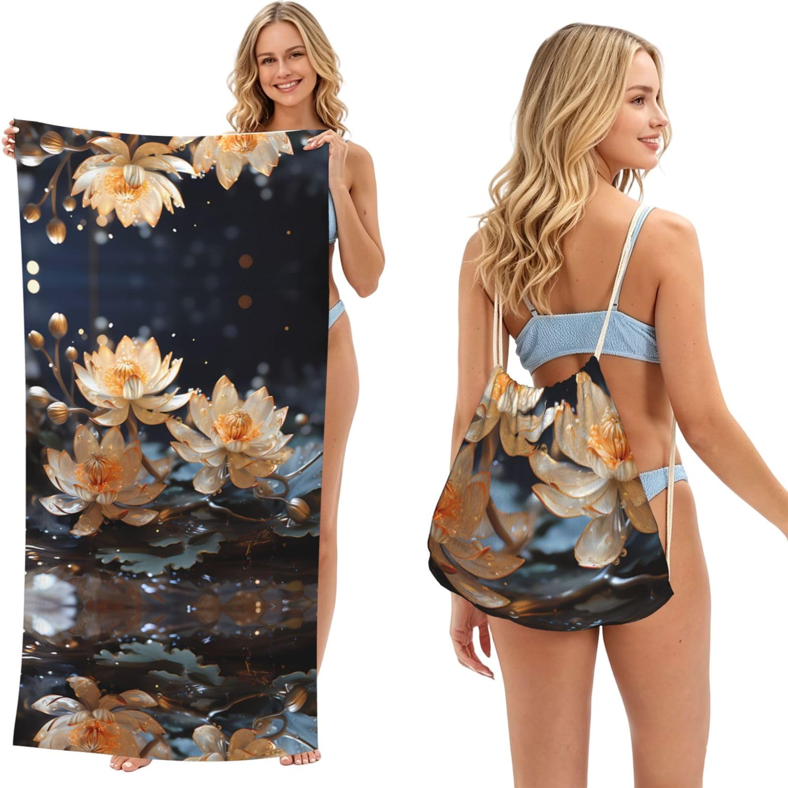SXZVVBN Bohemian White Lotus 2-in-1 Beach Towel Bag, Quick Dry Sand Free Travel Towel Backpack for Adults