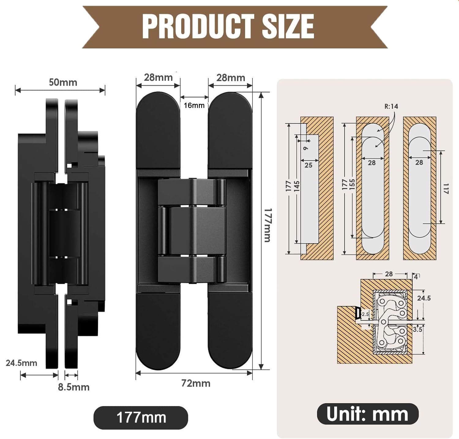 2 piezas 17,7cm Bisagras de puerta ocultas, Bisagra Oscilante 180 Grados, Bisagra a tope ajustable en 3 direcciones, Negro