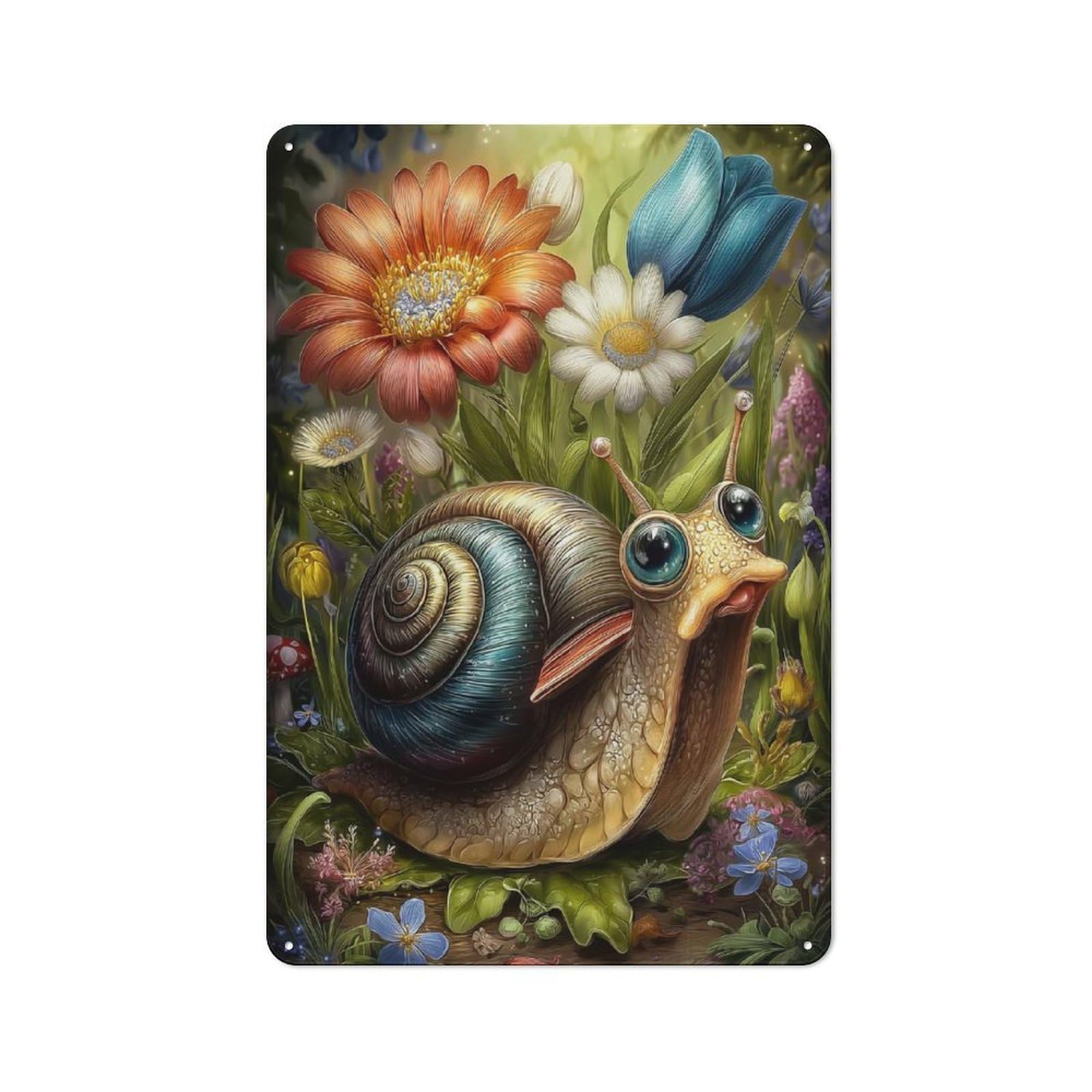 Junmoney Style-3 Garden Style Cartoon Snail In A Floral Garden Tin Sign 30X20cm, Porch Wall Decor For Patio Bar, Workshop, Shed Or Kitchen