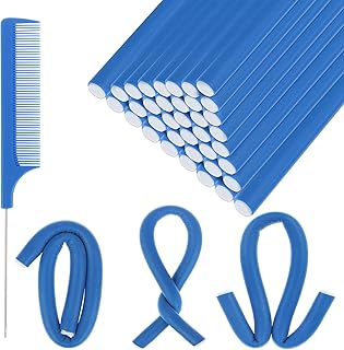 WWmily 40 Pieces Foam Hair Curler Flexible Curling Rods No Heat Curls Sleeping Soft Hair Styling Sponge with 1 Pointed Tail Comb for Short and Medium Hair (7, BLUE)