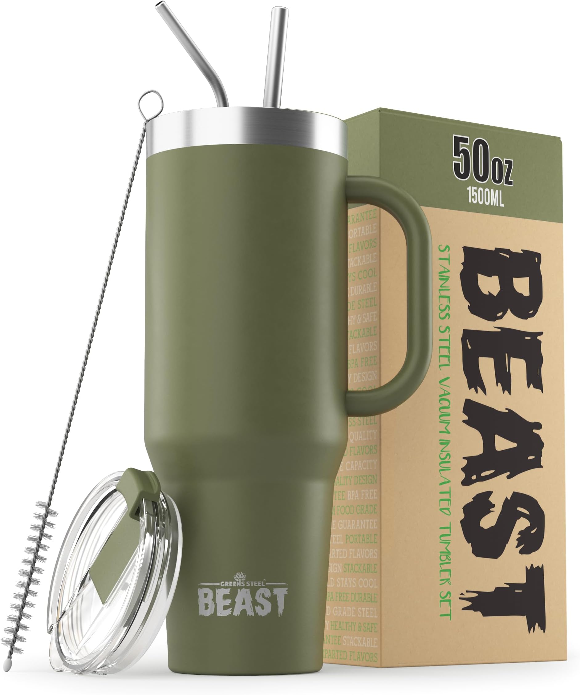 Beast 50 oz Tumbler with Handle Stainless Steel Vacuum Insulated Coffee Ice Cup Double Wall Travel Flask (Army Green)