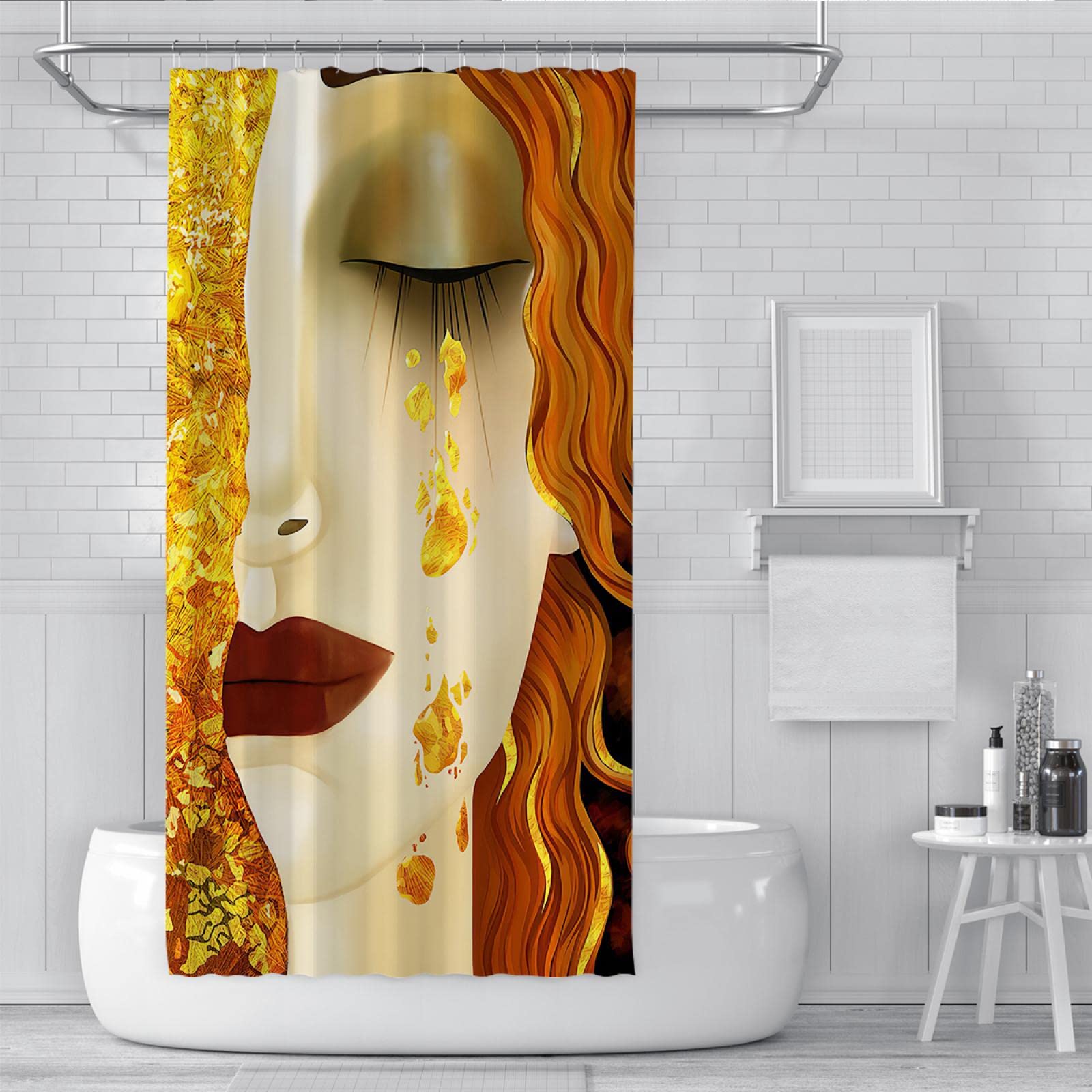 tende da doccia donna elegante capelli biondi, labbro rosso e lacrime dorate arredamento bagno impermeabile tessuto doccia tende lavabili in lavatrice W240xL175cm
