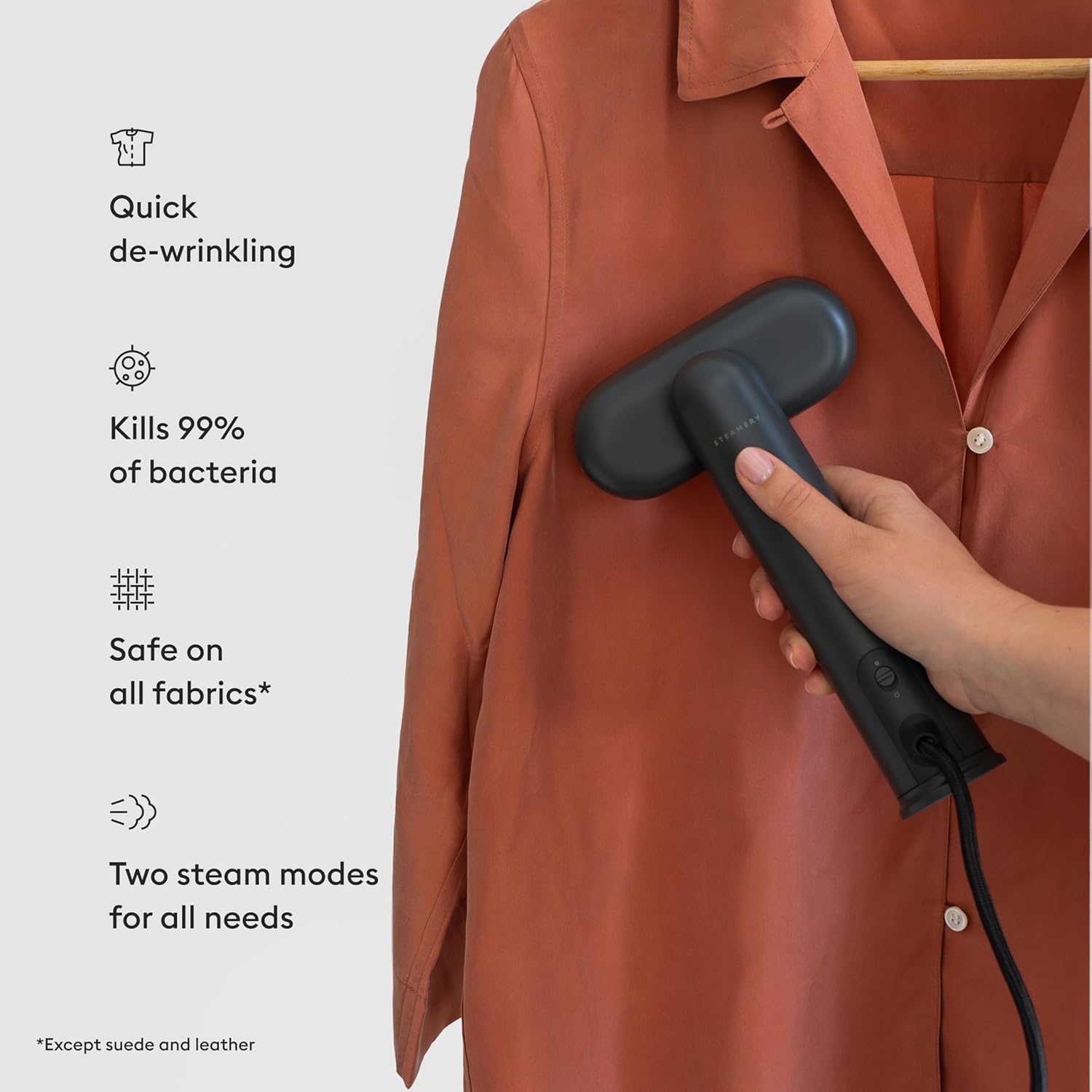 Steamery Travel Steamer Cirrus Lite, 1200W, Steam Output 16g/min, Heat up 18 Seconds, Portable & Packable, Rotating Steam Head, Dry Steam Technology (Black)
