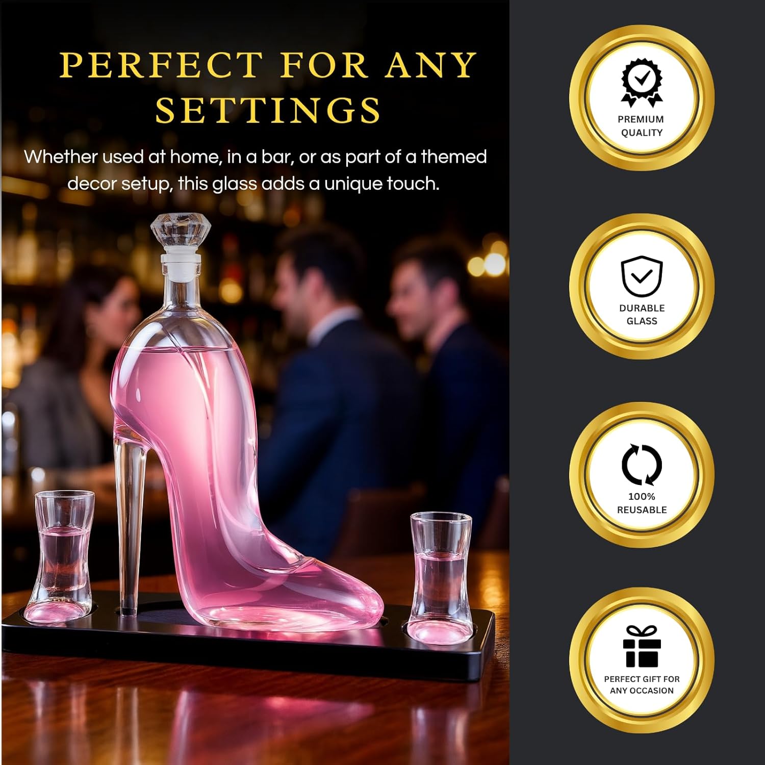 Heel Stiletto High Heels Whiskey and Wine Decanter With Heel Glasses & Wood Base - Elegant with Stopper for Liquor, Bourbon, Tequila - Unique High Heel Design, Present Gift for Women, Stylish Barware