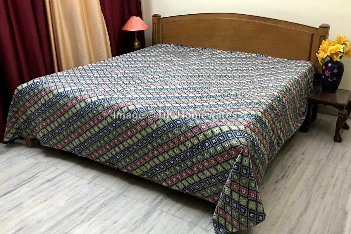 Indian Traditional Grey Queen Size Kanta Quilt Living Room Cotton Kantha Work Ikat Printed Hand Crafted (108 x 90) -Set of 1 Blanket Bedspread