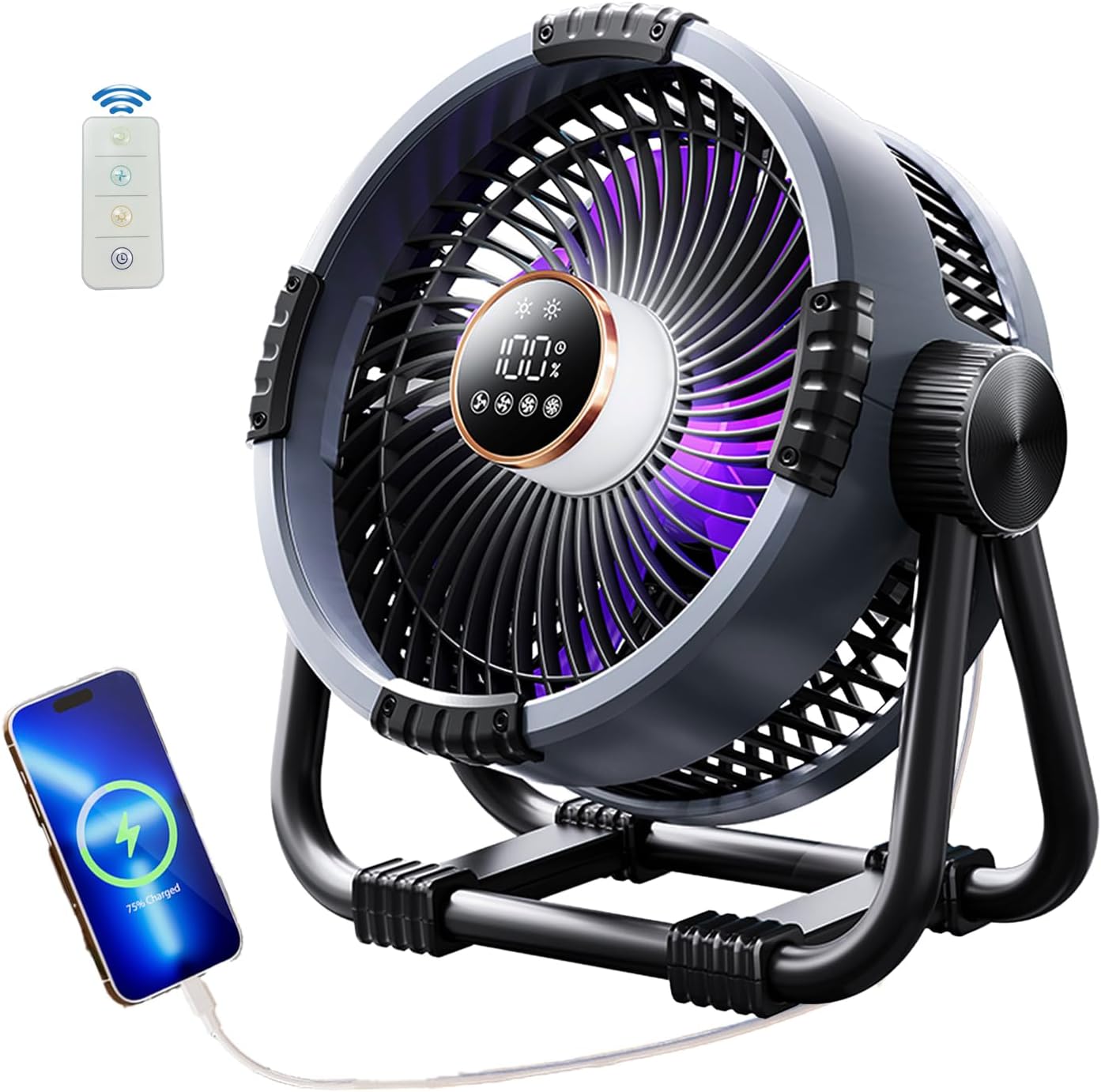 Storm Outdoor Fan Camping Fan, Blowing 30 Feet (10 Meters) Far Big Cold Wind, Powered By 20000mAh Battery With Hook, LED Lantern For Night Light, Phone Charger