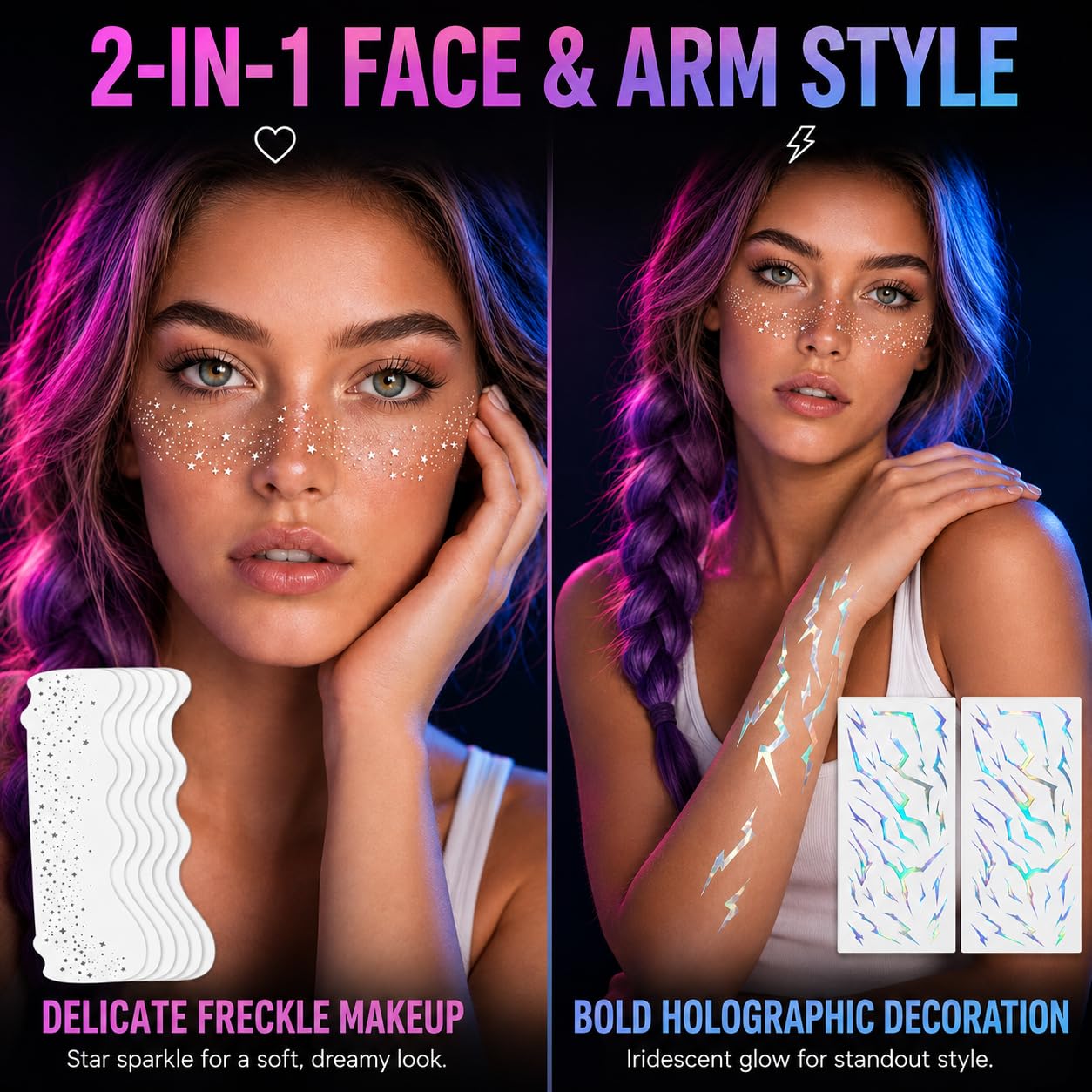 8pcs Silver Glitter Freckle Patches & Holographic K-Style Temporary Tattoos image 2