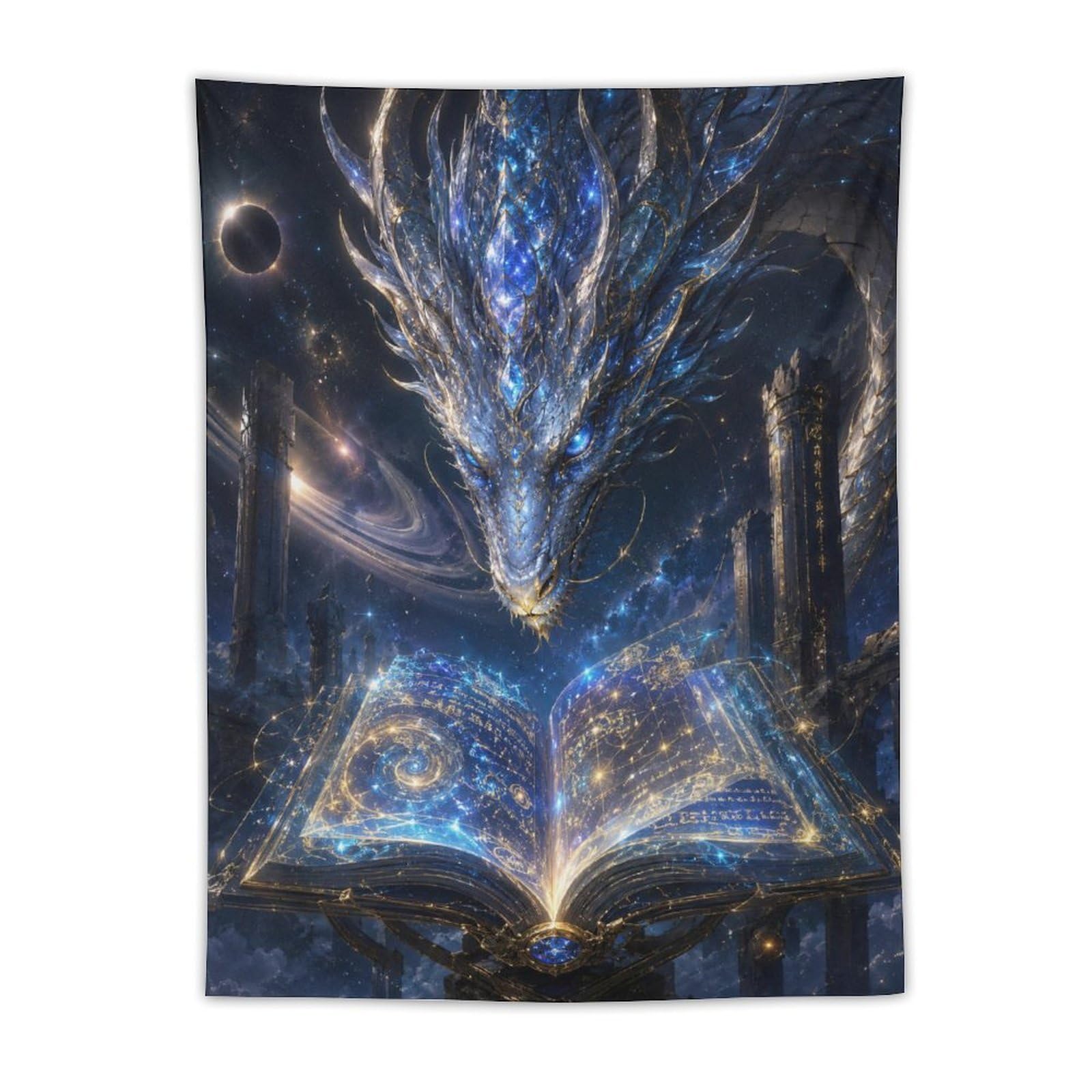 W7C8U2X3 Blue Dragon Magic Book Wall Tapestry, Surrealist, Ancient Scroll