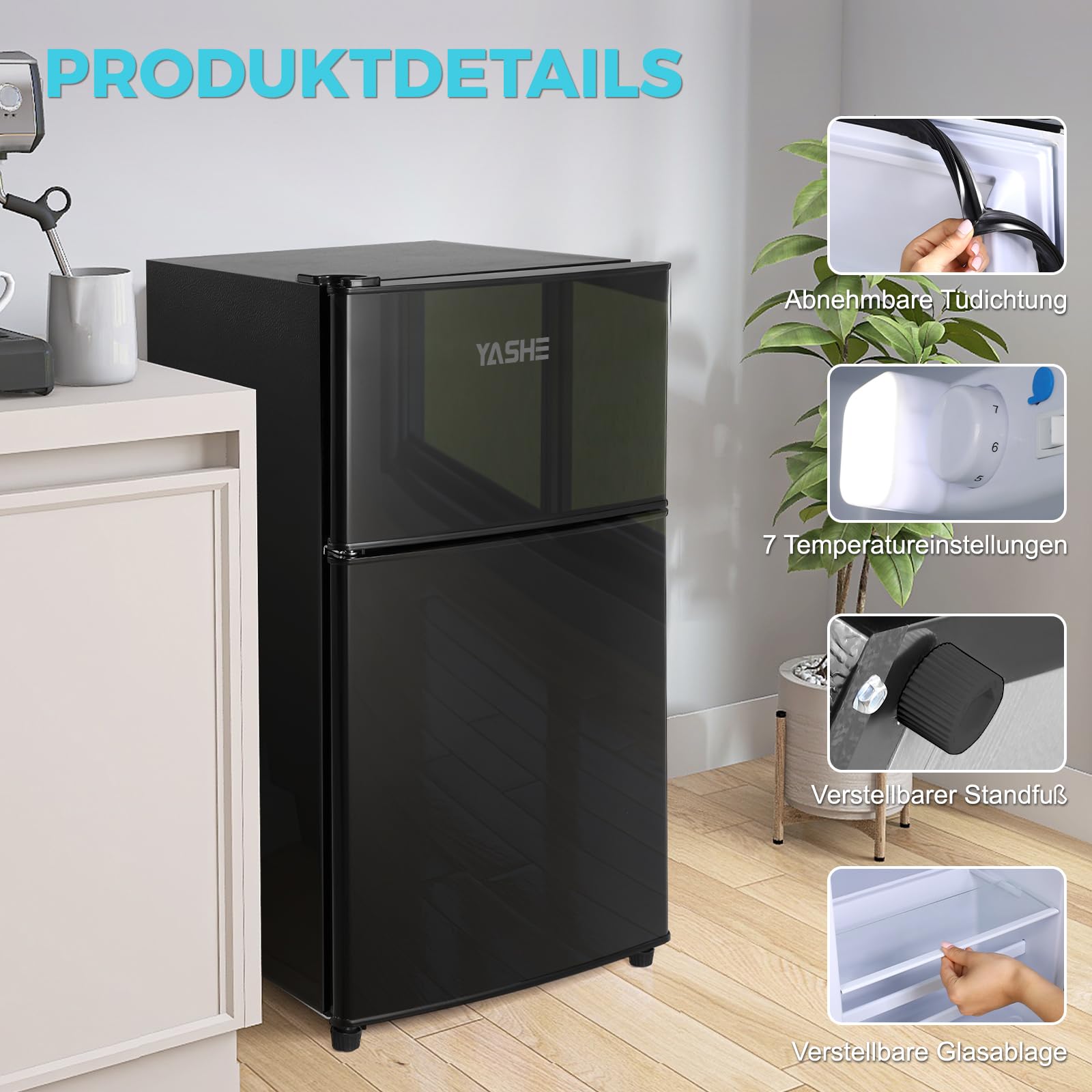 YASHE 86L Mini Kühlschrank mit Gefrierfach - Kleiner Kühlschrank, Doppeltür-Kühlschrank mit verstellbarem Thermostat, 7 Stufen, ideal für Wohnungen, Schlafzimmer, Büros und mehr