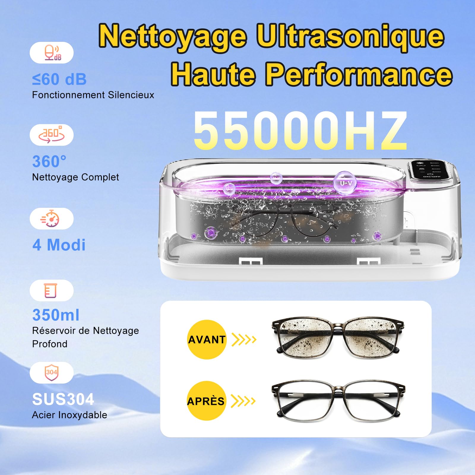 Nettoyeur Ultrasons, 55000Hz Bac a Ultrason, 350ml Ultrasonic Cleaner avec Écran LED, 4 Modes Nettoyeur Ultrason Bijoux avec Lumière UV pour Lunettes, Appareils Dentaires, Montres, Bagues et Colliers