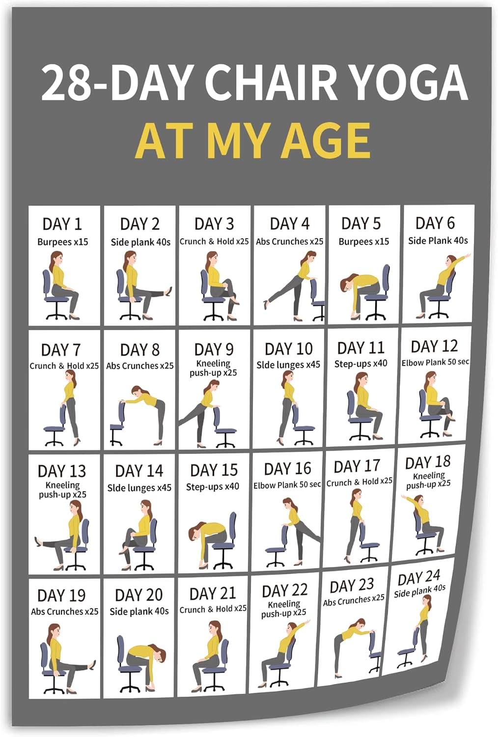 28-Day Chair Yoga Exercise Poster Office Workout Fitness Routine Canvas Print Wall Art Decor Living Room Office Bedroom 16x24inch(40x60cm) Unframe-style