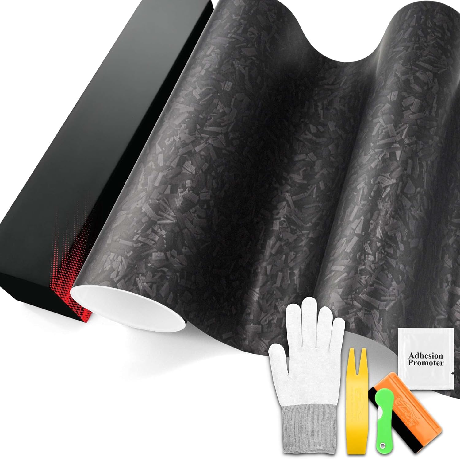 PET Marble Forged Carbon Fiber Textured Matte Black Vinyl Wrap Auto Car Sticker Decal Film Sheet Bubble Free Air Release Technology with Tool Set 2FTx5FT