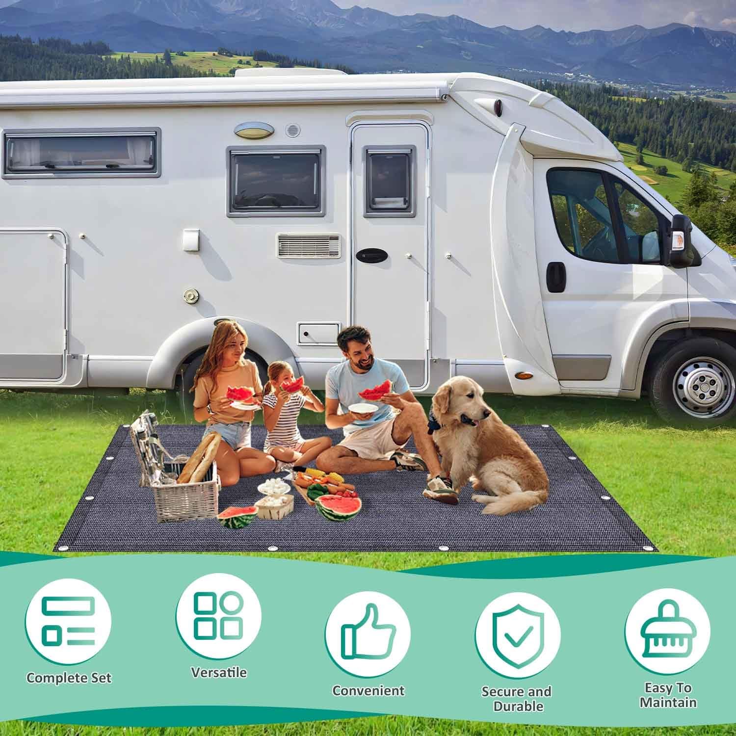 Tapis d'auvent 300 x 400 cm en polyéthylène haute densité perméable à l'eau | Tissu résistant aux intempéries, caravane, camping, extérieur, robuste, antidérapant, peu encombrant, 13 piquets, bleu gris