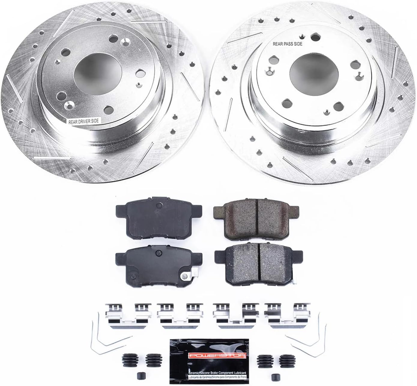 PowerStop Rear Brake Kit For Acura TSX 2011-14 | Honda Accord 2011-17 - Drilled and Slotted Disc Rotors with Ceramic Brake Pads Replacement, K5368