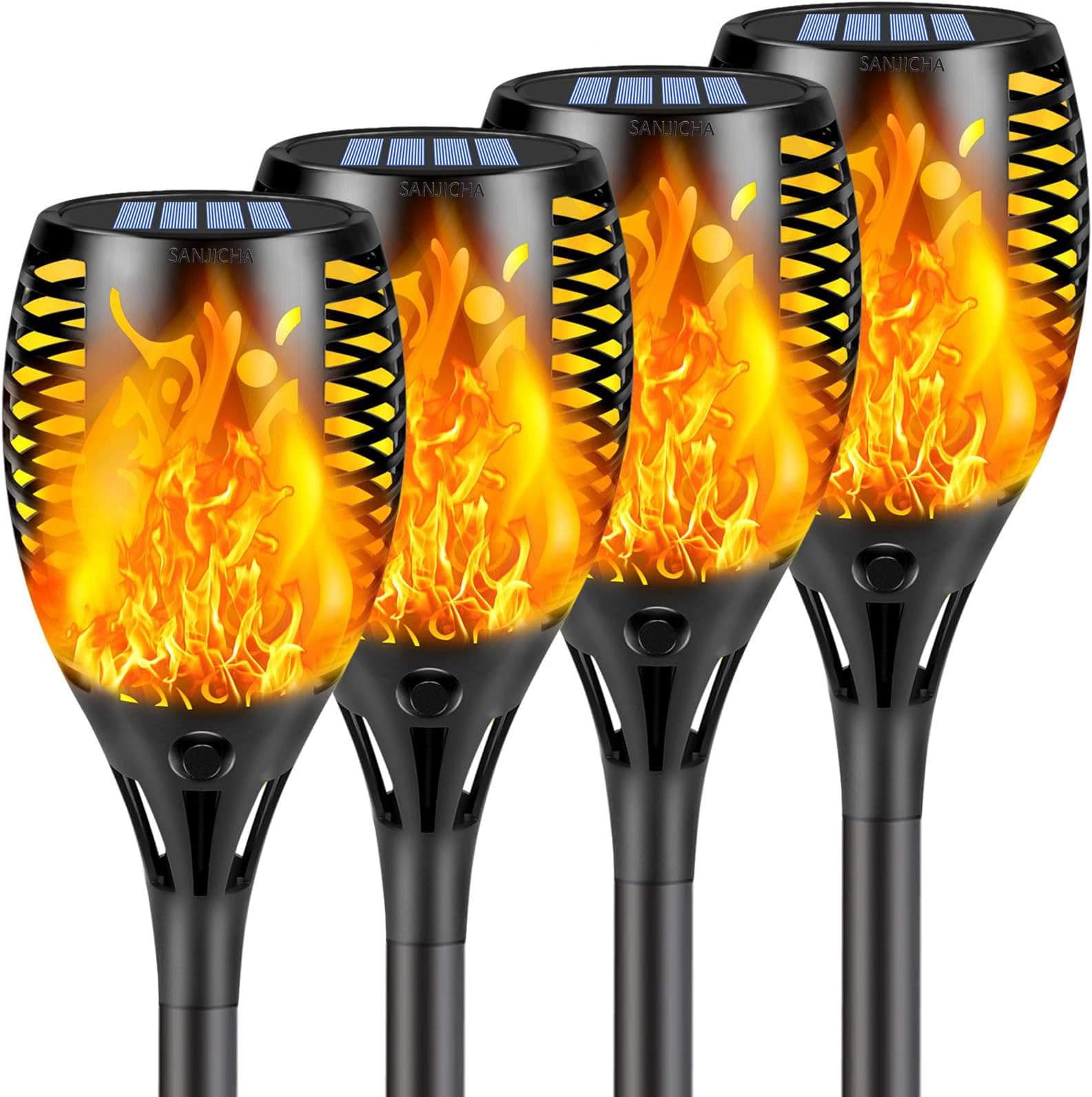 SANJICHA 4 Pack Super Larger Size Solar Flame Torch Extra Bright Solar Lights Outdoor Decorative with Flickering Flame, Solar Outdoor Lights Waterproof Lamps for Outdoor use Garden Pathway Yard