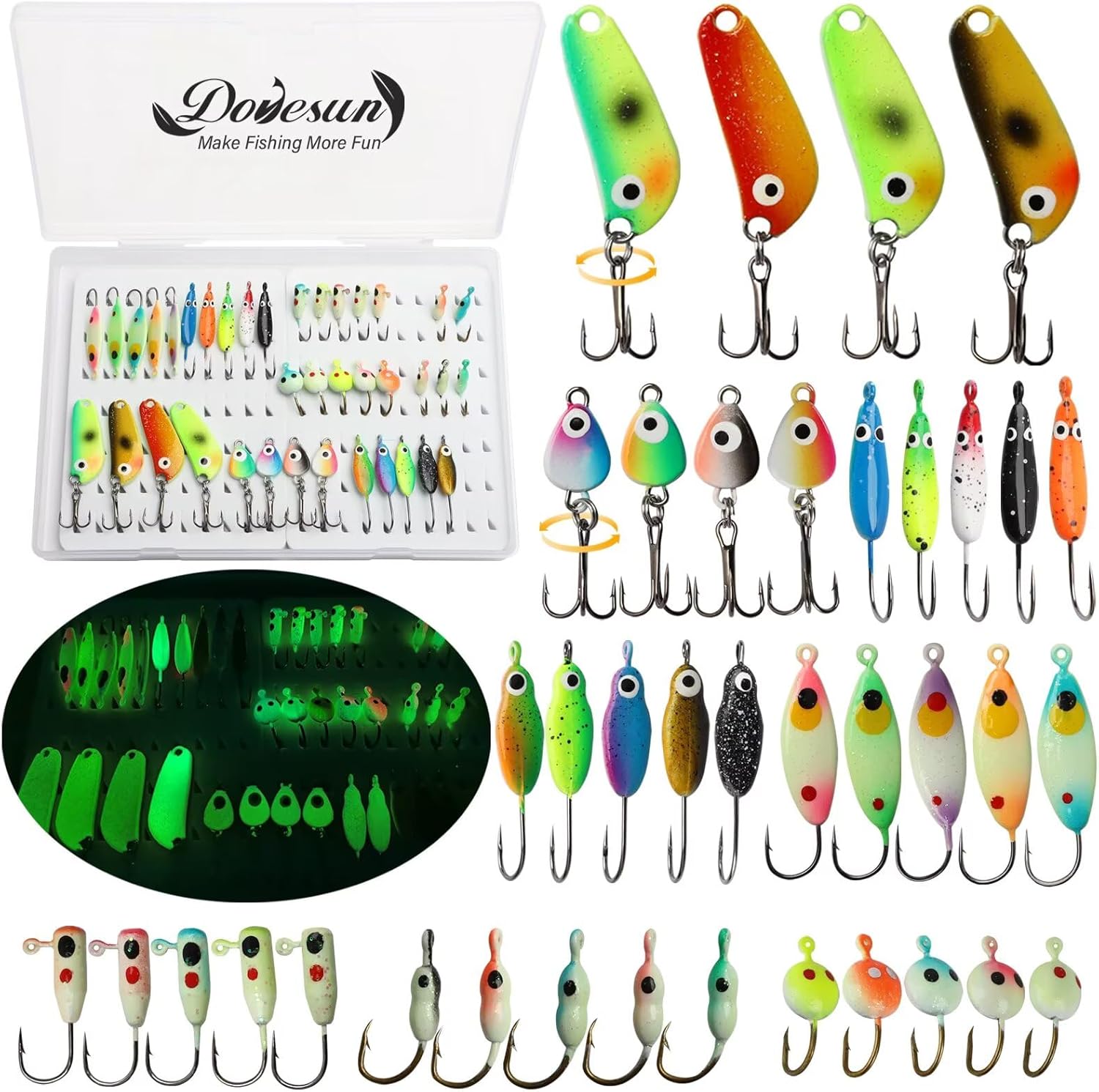 Dovesun Ice Fishing Jigs Ice Fishing Lures Jig Heads Walleye Fishing Lures Crappie Jigs Glow in Dark-Ice Fishing Jigs with Storage Box 38pcs/28pcs/25pcs/17pcs