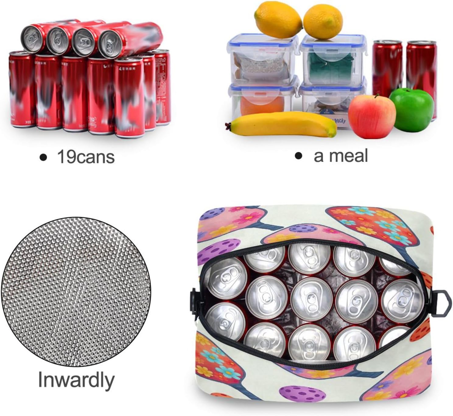 Custom Playful Pickleball Paddles Balls Insulated Lunch Box Cooler Bag Lunch Tote Bag 11.4×7.1× 9.5 for School, Office or Picnic image 4