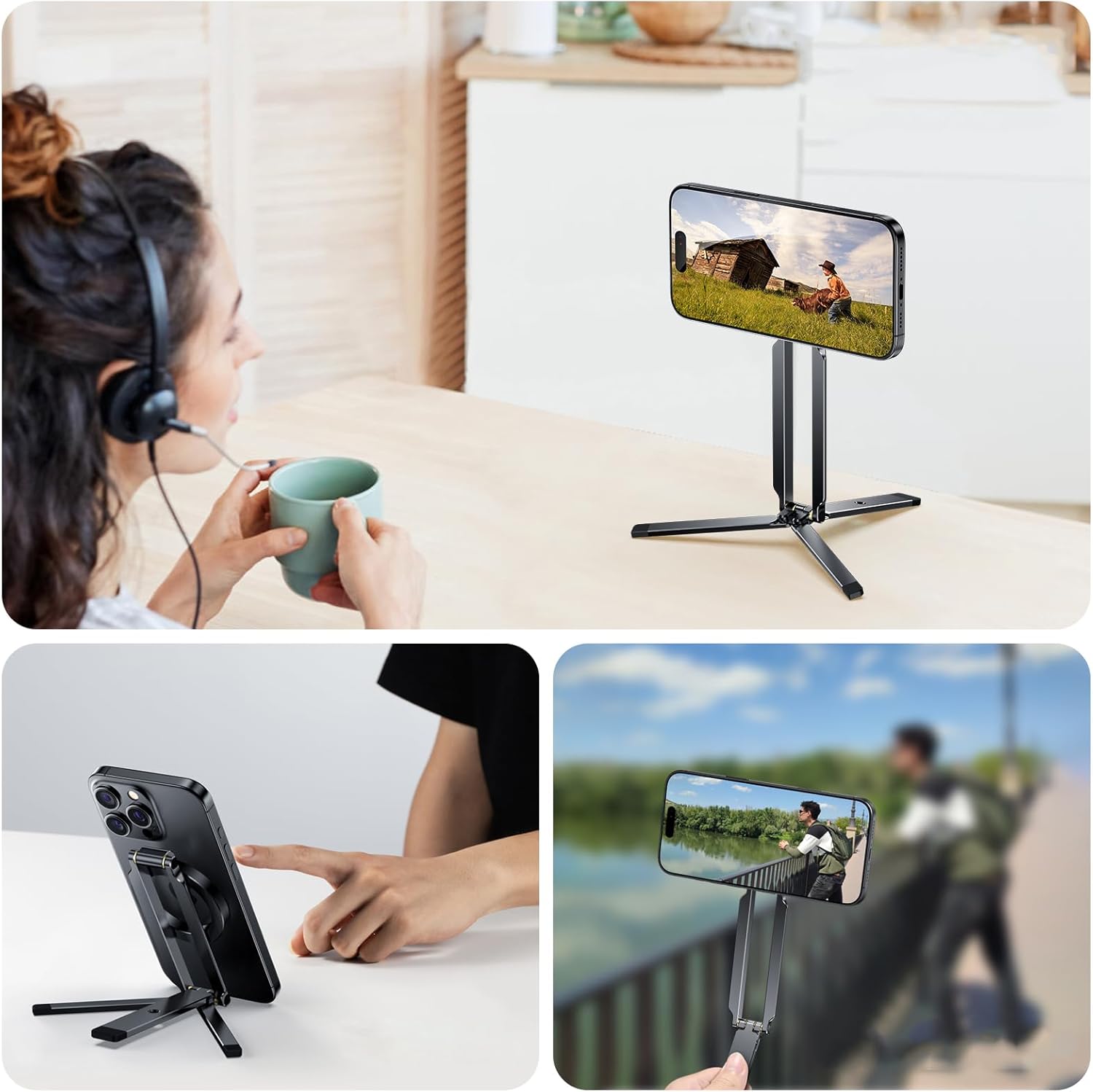 回転可能な電話スタンド三脚バッグパック用の安全なクラスプ付き水平垂直撮影モード電話三脚スタンド