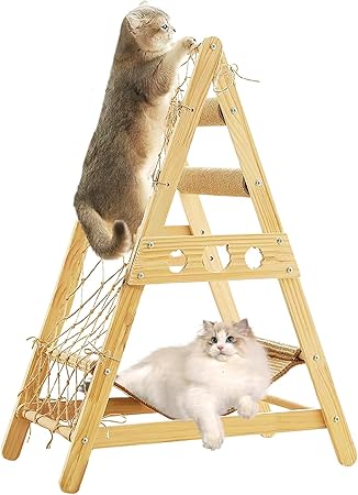 Cat Tower for Indoor Cats with Hammock Straching Post Climbing Web and Danging Sisal Ball, Cute Solid Wood Cat Tree