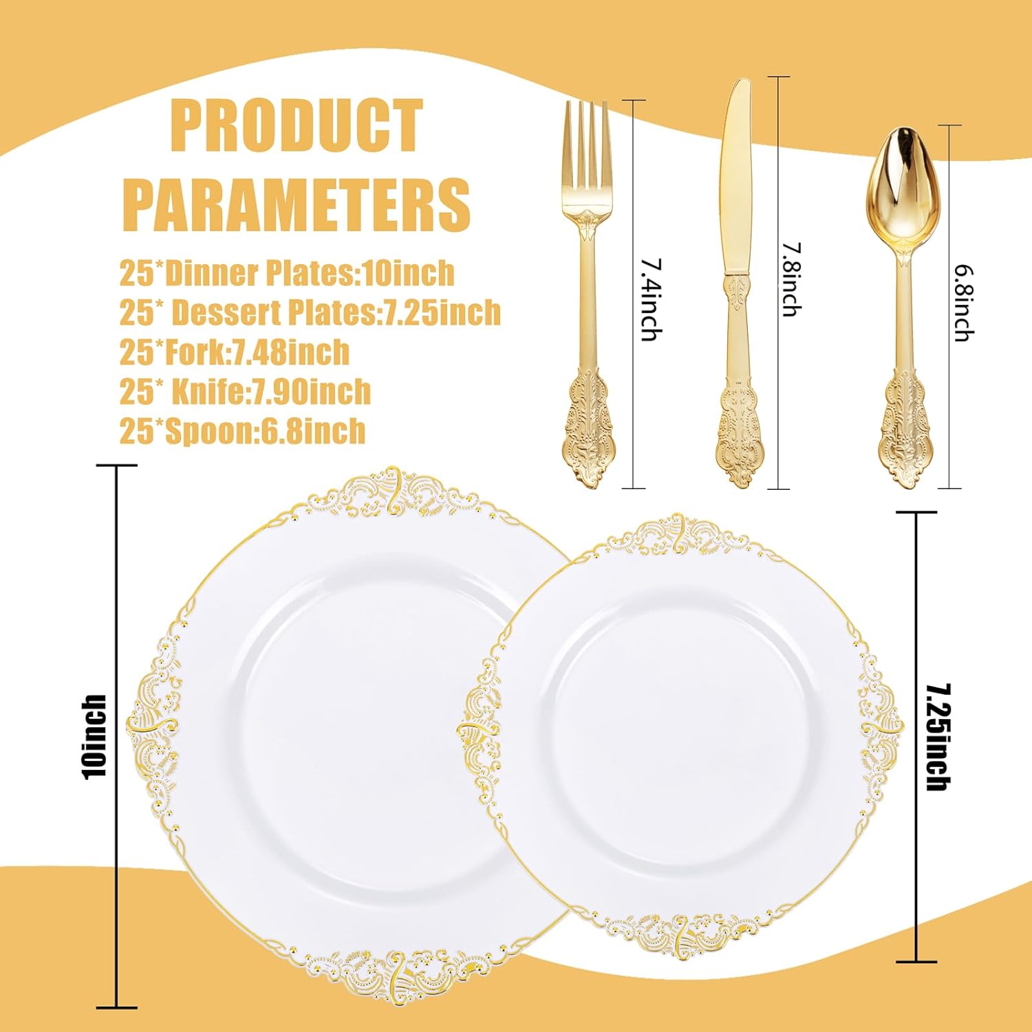 125PCS White and Gold Plastic Plates - Gold Disposable Plates with Plastic Silverware - Vintage Disposable Dinnerware Set for 25 Guests for Parties Holiday