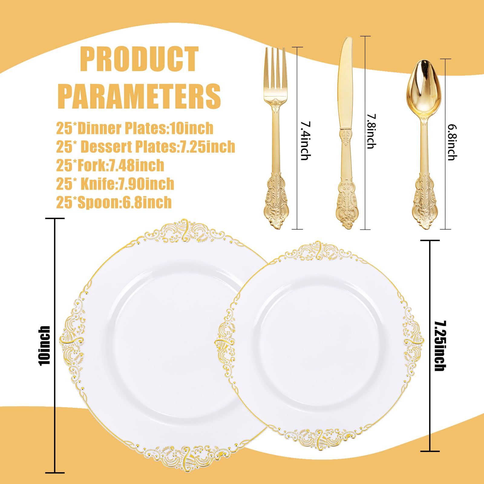 Wedding Plates & Silverware Set - 125PCS Gold & White -2