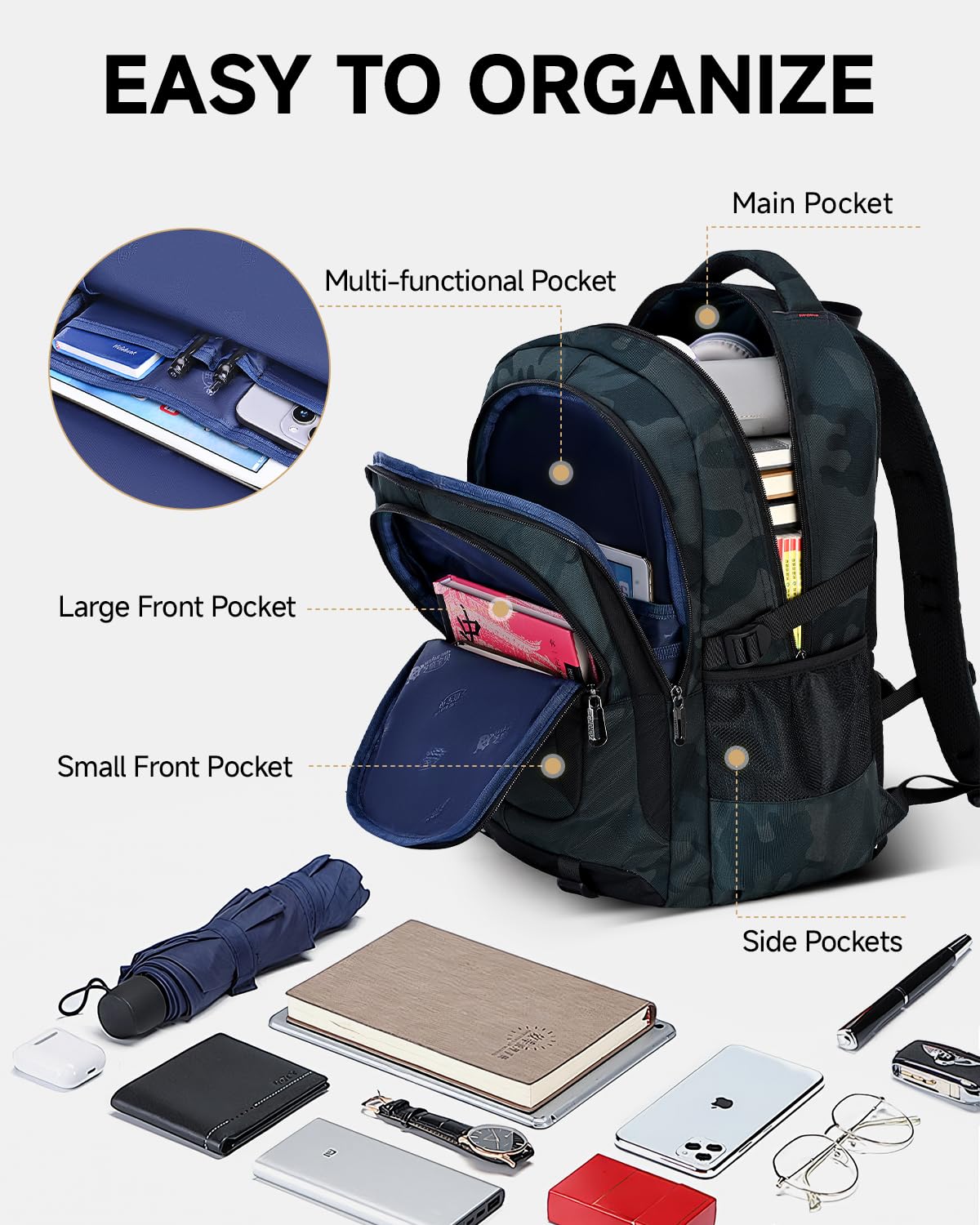 Amythe Schulrucksack Jungen Teenager 3-teilig Camouflage Grün | Set: Rucksack + Umhängetasche + Stifttasche. Wasserabweisender Schulranzen für Jungen der 3. - 7. Klasse, Große Kapazität
