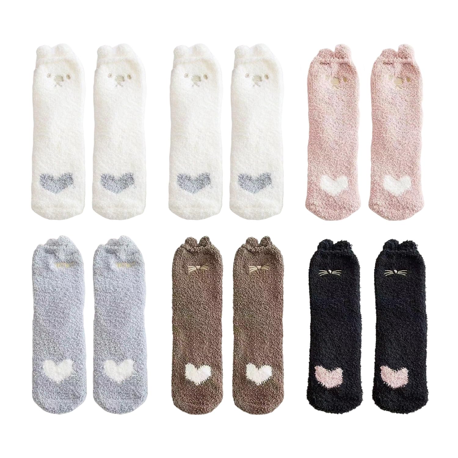 Ubsiuh Unisex Coffee 6 Pairs Of Coral Fleece Cute Socks, Ladies Plush Warm Socks, Cartoon Animals, Comfortable And Soft, Home Sleeping Socks.