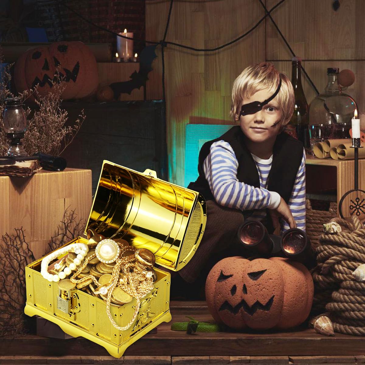 Scrigno Del Tesoro Con Serratura | Scatola Pirata In Plastica Bronzo | Per Bambini, Monete, Gioielli | 14x9,7x9,5 Cm - Foto 2