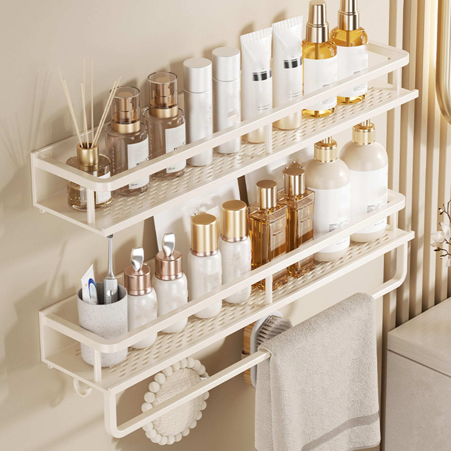 Selbstklebende Duschablage, Badezimmer Duschorganizer ohne Bohren, Duschregale aus Aluminiumlegierung mit großer Kapazität, an der Wand montiertes Duschaufbewahrungsregal,White f,40CM