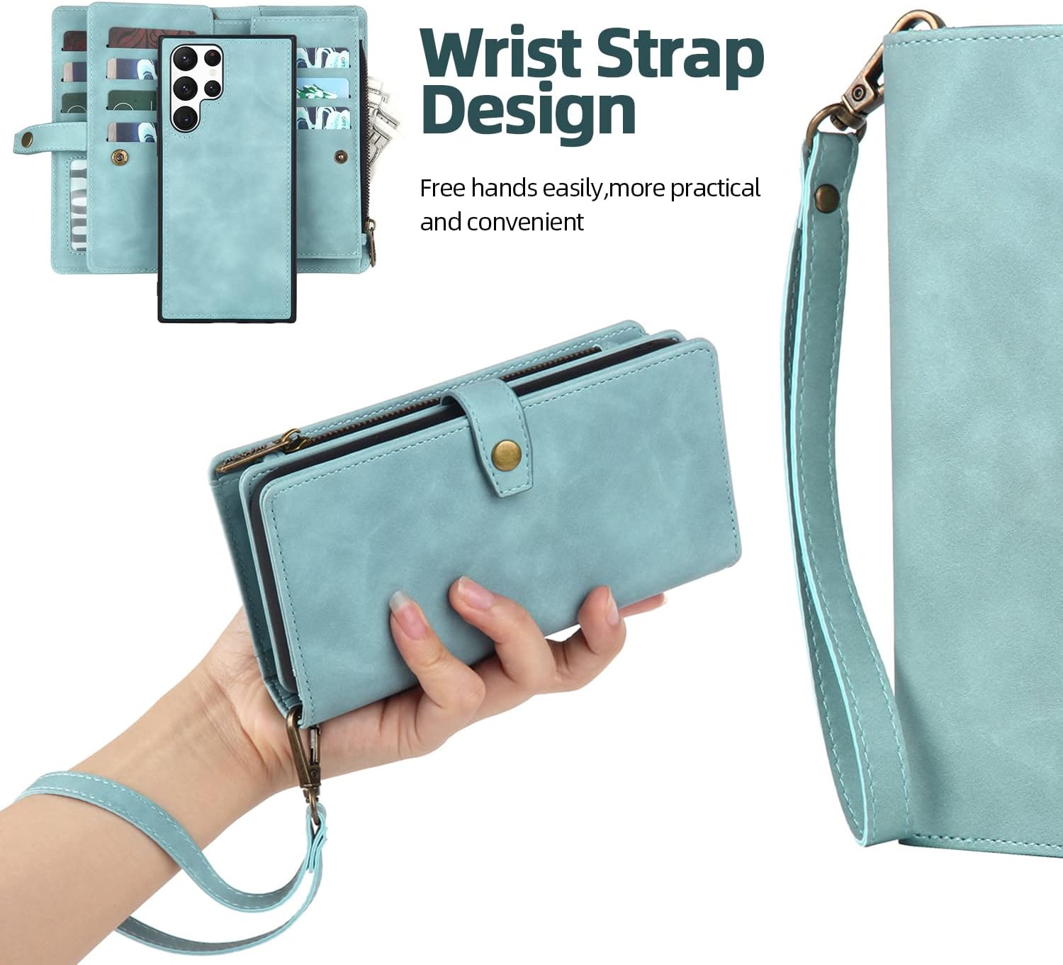 TwoHead for Samsung Galaxy S22 Ultra Wallet Case with Card Holder & Detachable Magnetic Phone Case, Leather All-Round Protection Wallet Phone Case for Women Men,6.8in,Blue