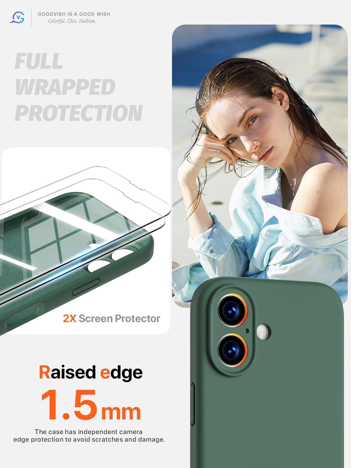 GOODVISH 3 in 1 Silicone Cover per iPhone 16 6.1", Custodia con 2 Pellicola Vetro Temperato [Protezione Fotocamera] 360° Protezione Anticaduta Case per Cellulare Antiurto Resistente, Verde Pino