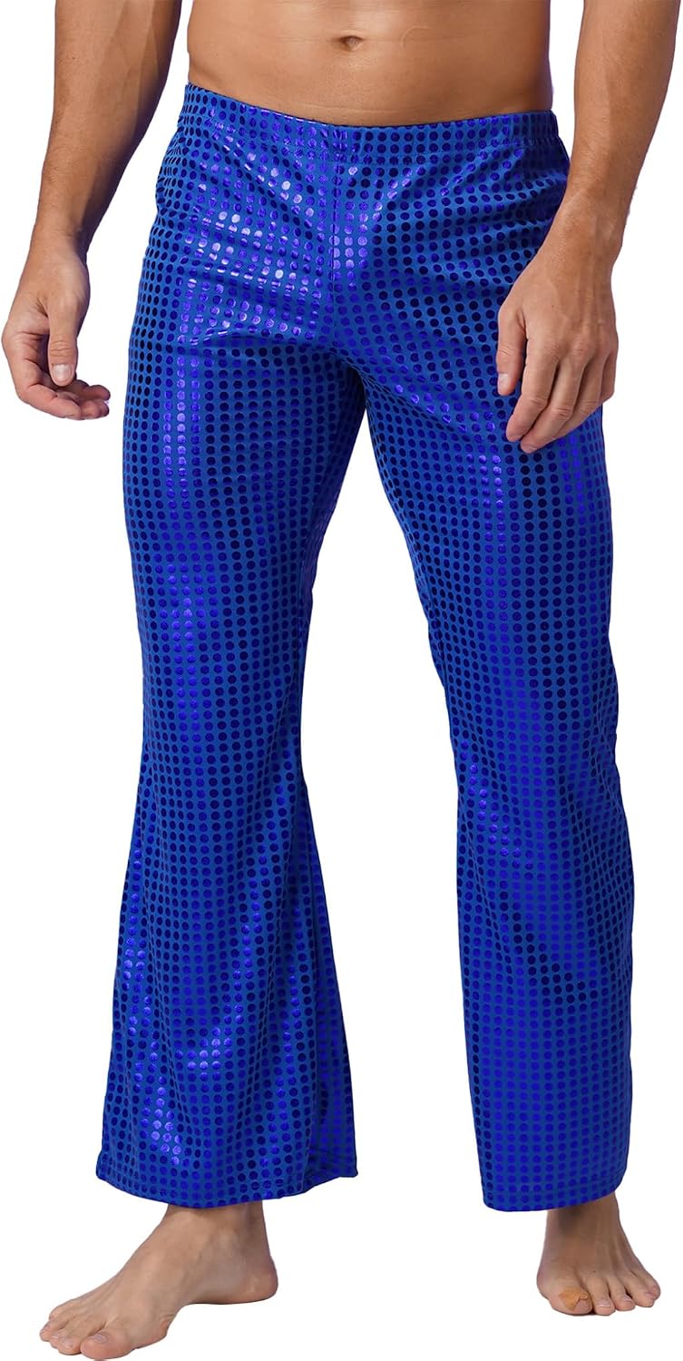Sholeno Mens Shiny Metallic Disco Pants Elastic Bell Bottom Flared Trousers Club Party Stage Costume