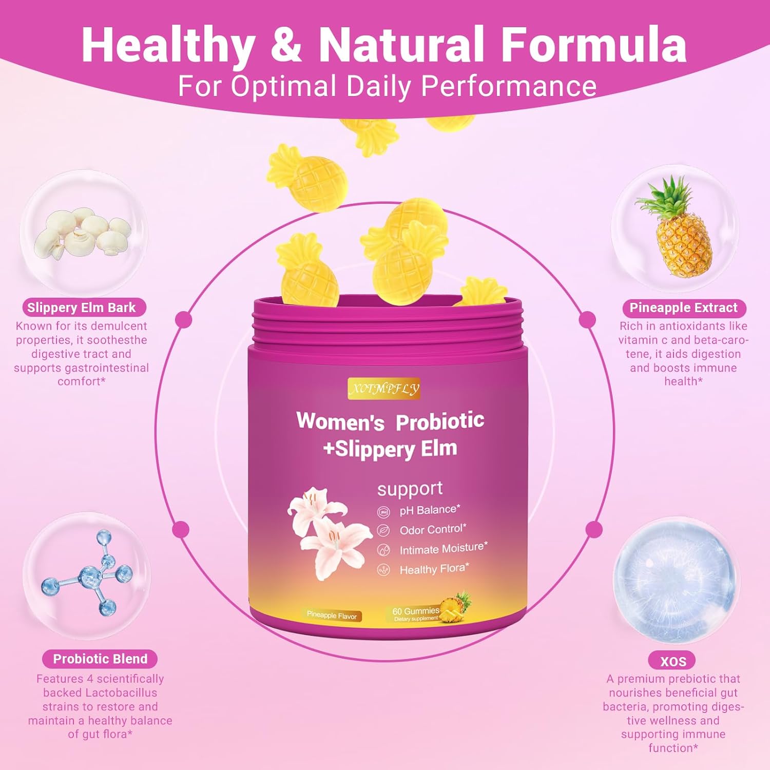 Her Juicy Feminine Probiotics Gummies for Women, with Slippery Elm, Supports pH Balance, Gut Health & Immune System, Vegan, Gluten Free, Pineapple Flavor, 60 Count - Image 3