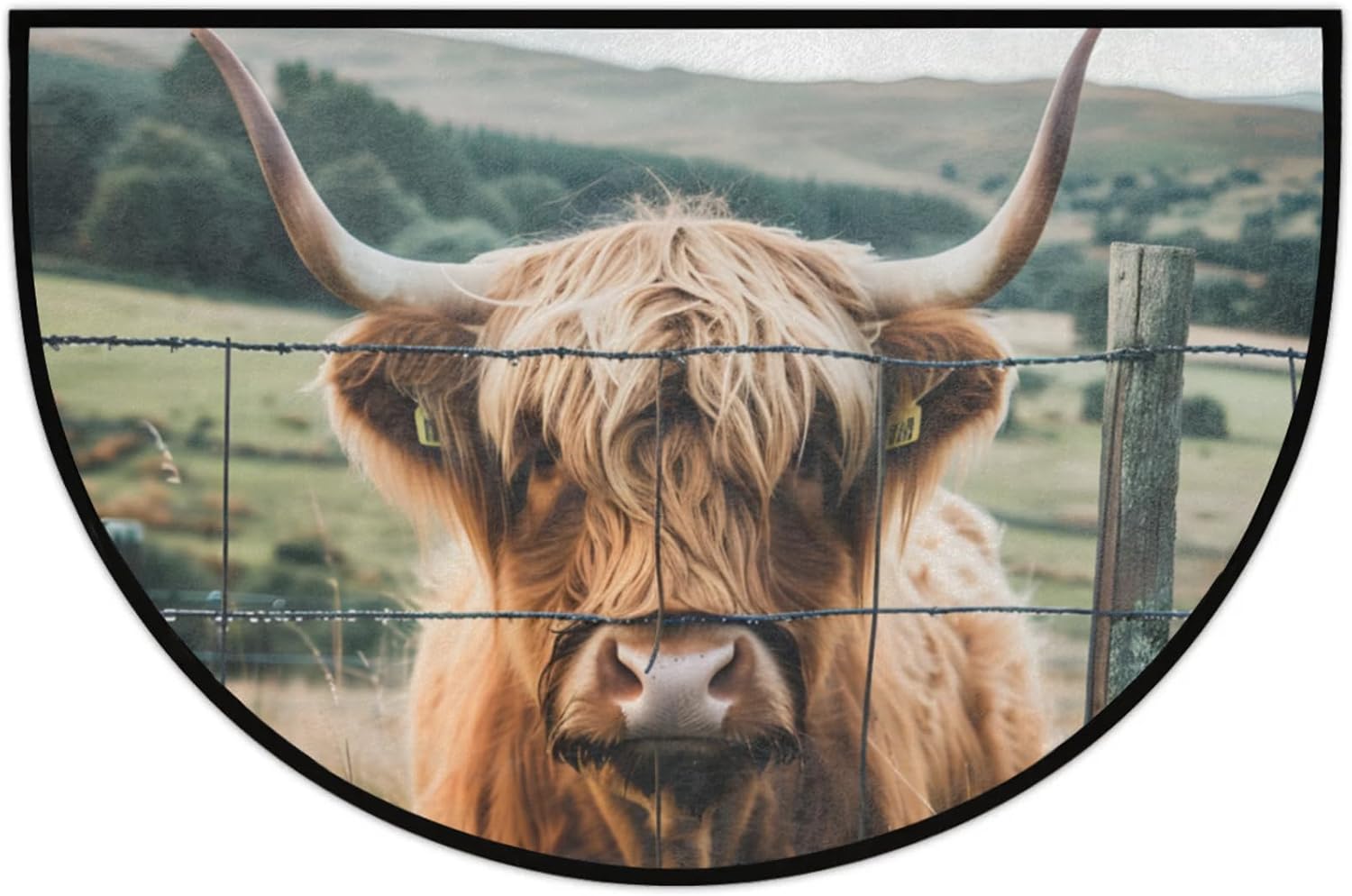 Half Round Door Mat Funny Highland Farm Cow Non Slip Half Moon Rug Indoor Entrance Washable Half Circle Area Rugs Semi Circle Bathroom Rugs Floor Carpet for Kithen Bedroom Fireplace Decor