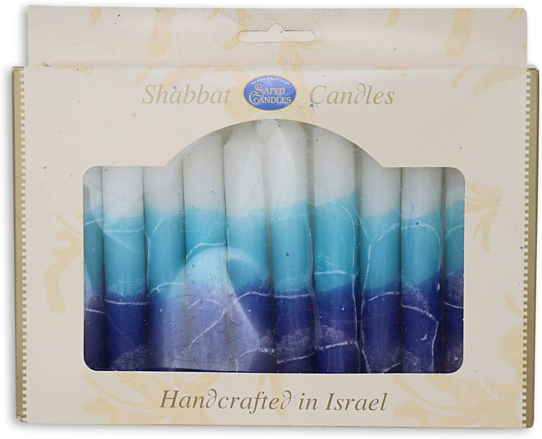 Fancy Jewish Shabbat Candles - Galilee Waters Blue and White