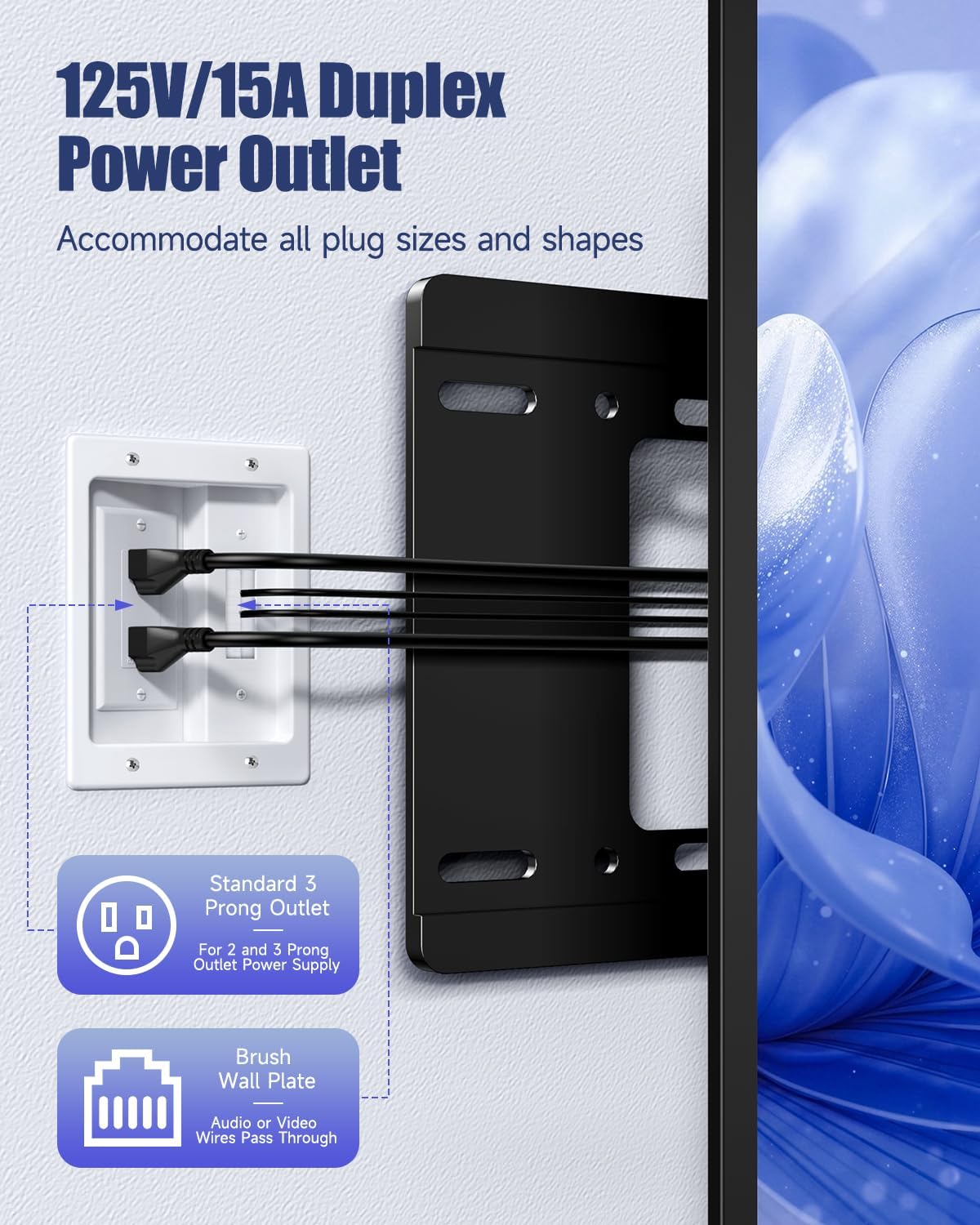 Wall Cable Concealer Kit, in Wall Cable Management Kit for TV, Recessed Outlet with Cable Management Box, in Wall Power Kit Hides TV Cords and Cables, Fits All Plugs, White