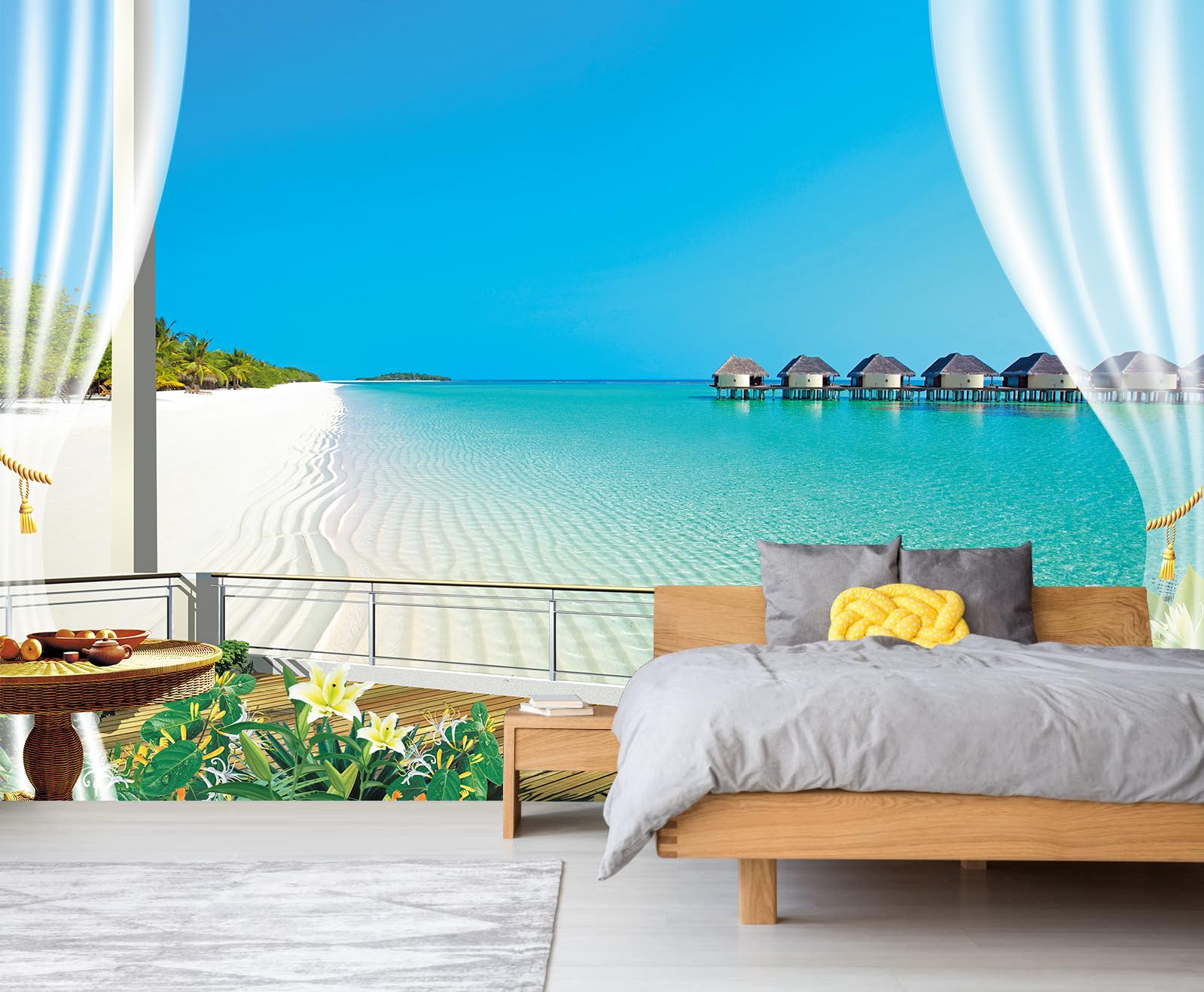 FLFK Window Balcony Beach Seascape Wall Murals Peel and Stick 141.7"x98.4"- Self-Adhesive Wallpaper Large Poster Sticker for Bedroom Living Room Decor