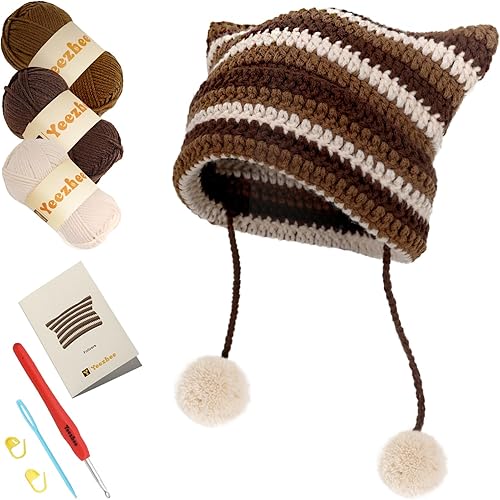 Yeezhee Kit de ganchillo para principiantes, kit de inicio de sombrero de ganchillo con tutoriales en video paso a paso, kit de tejido de gorro de
