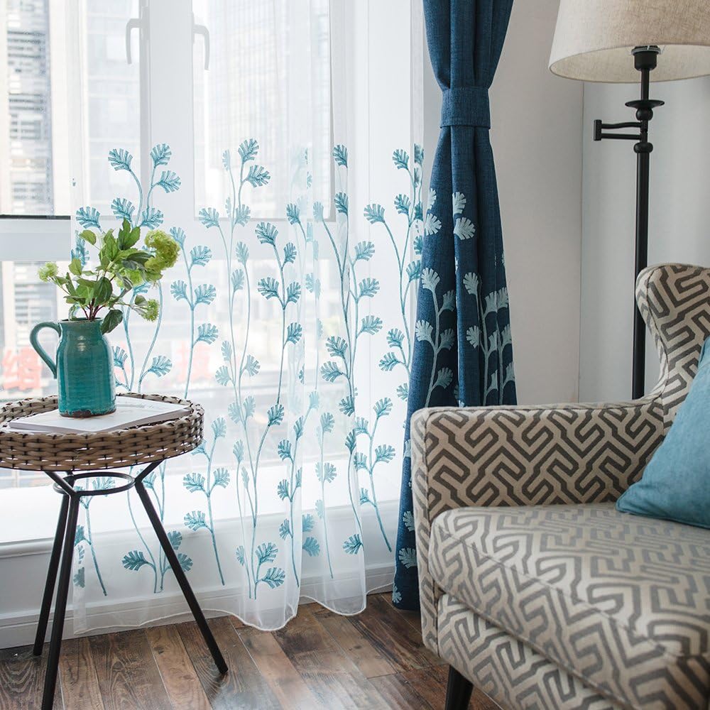 Melodieux Plant Embroidery Sheer Curtain for Living Room Bedroom, Farmhouse Style Rod Pocket Voile Drape, 1 Panel, 52 by 84 Inch, White/Blue