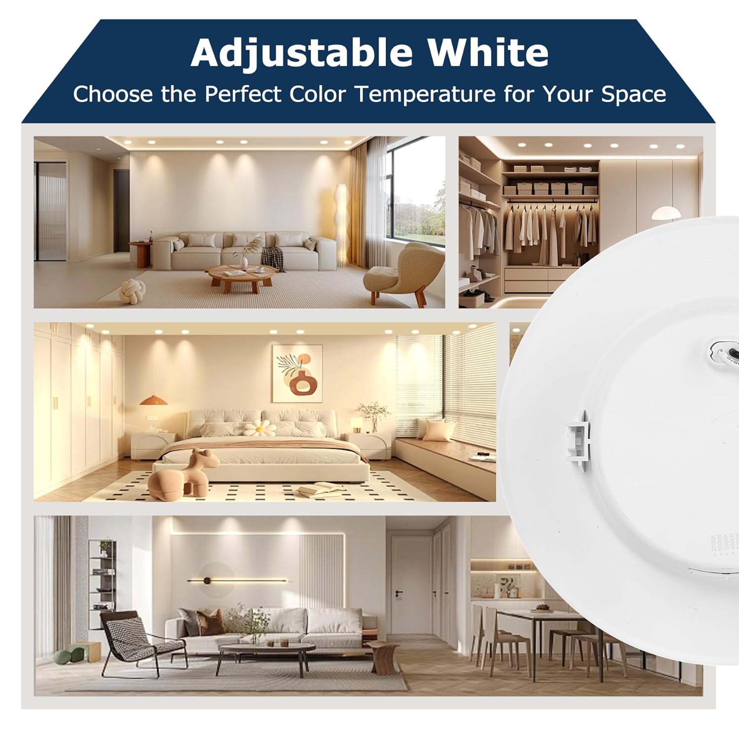 12PK 6inch 5CCT LED Recessed Lighting, 5 color Temperature in 1 light, 10-100% Dimming Range, 12W, 1000LM, 2700K/3000K/3500K/4000K/5000K Selectable, Retrofit Can Lights with Baffle Trim, ETL