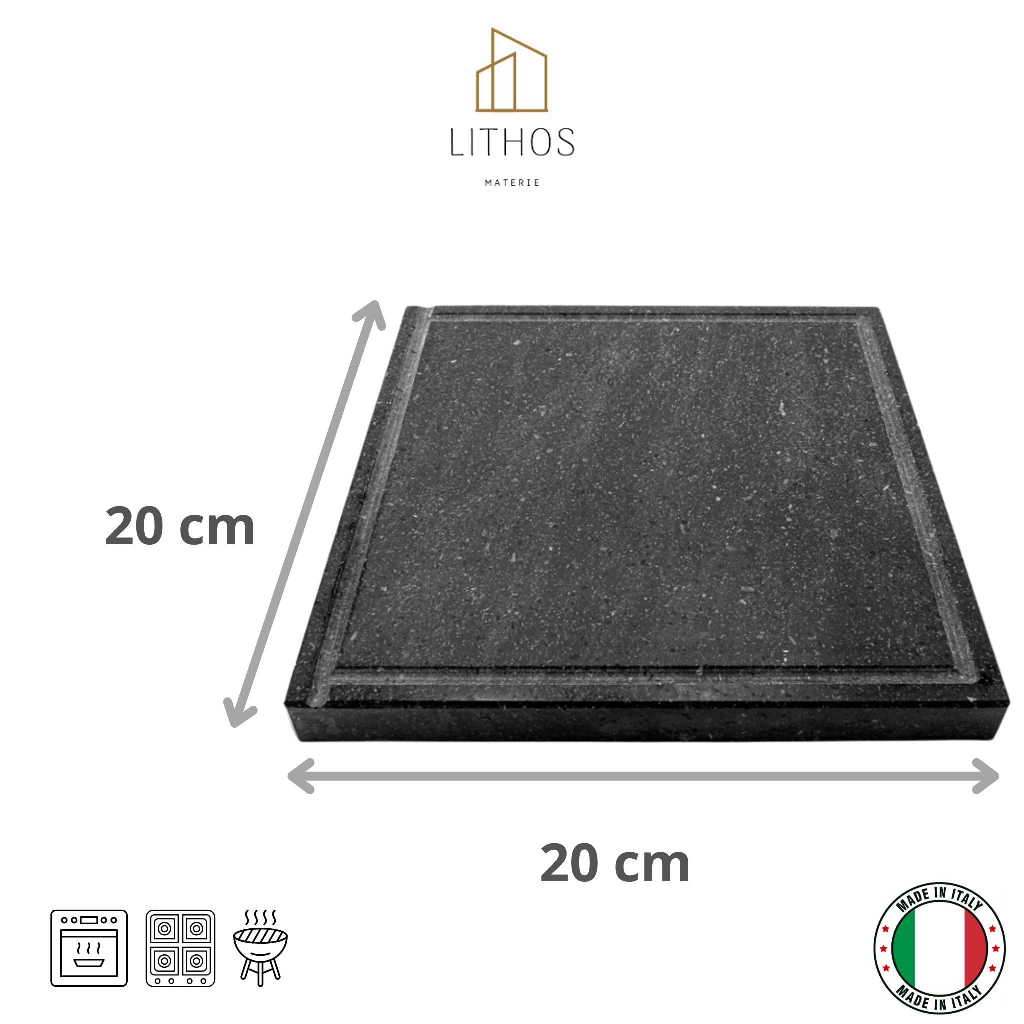 LITHOS MATERIE, Assiette en Pierre de Lave Etna, 20 x 20 cm, 2 cm d'Épaisseur, avec Rainure, Poncée avec Rainure de Collecte de Graisse