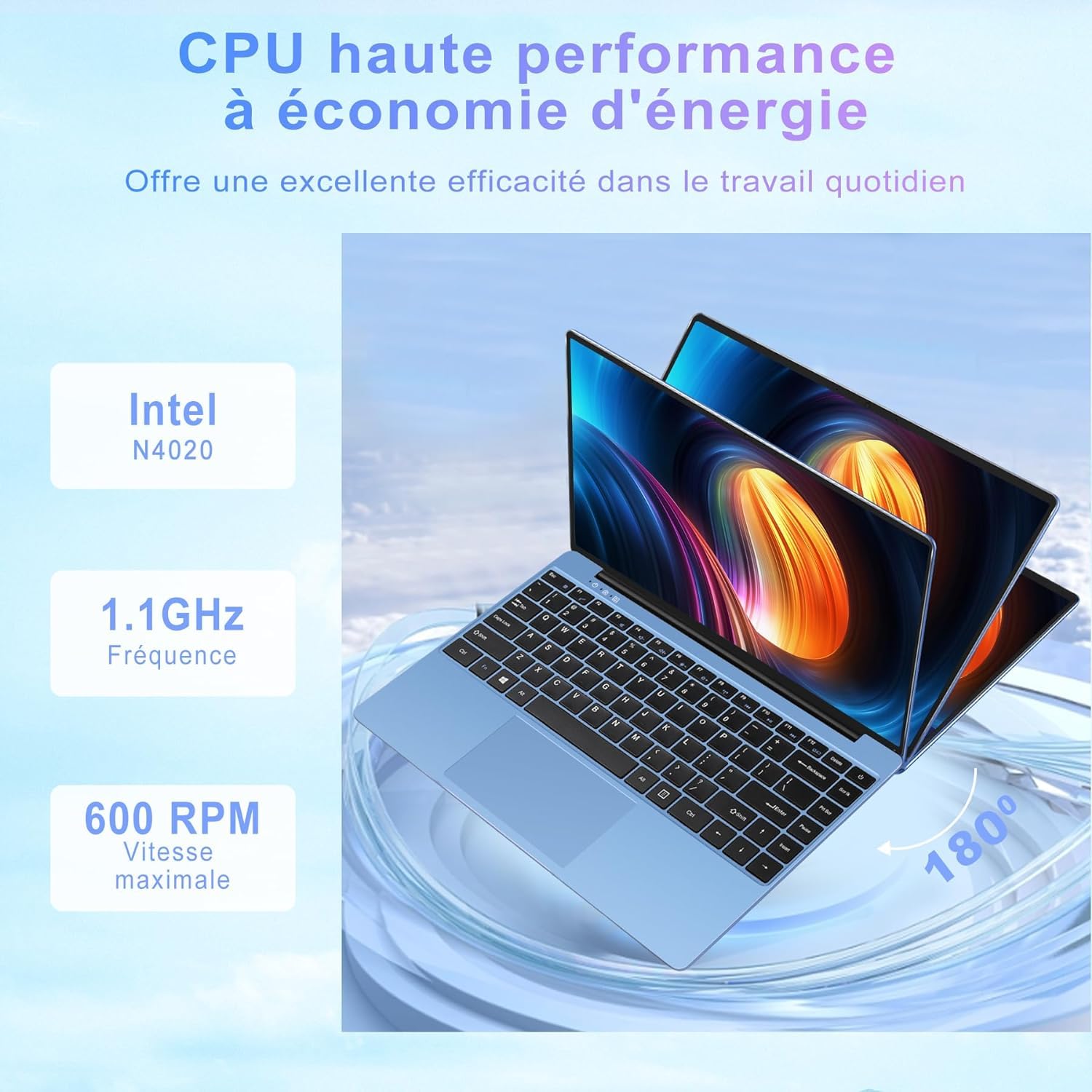 bvate Ordinateur Portable,6+128Go Soutien Extension SSD 1To 14" Win11 Celeron N4020 2.4G+5G WiFi Mini HDMI & AZERTY Membrane du Clavier-Blue