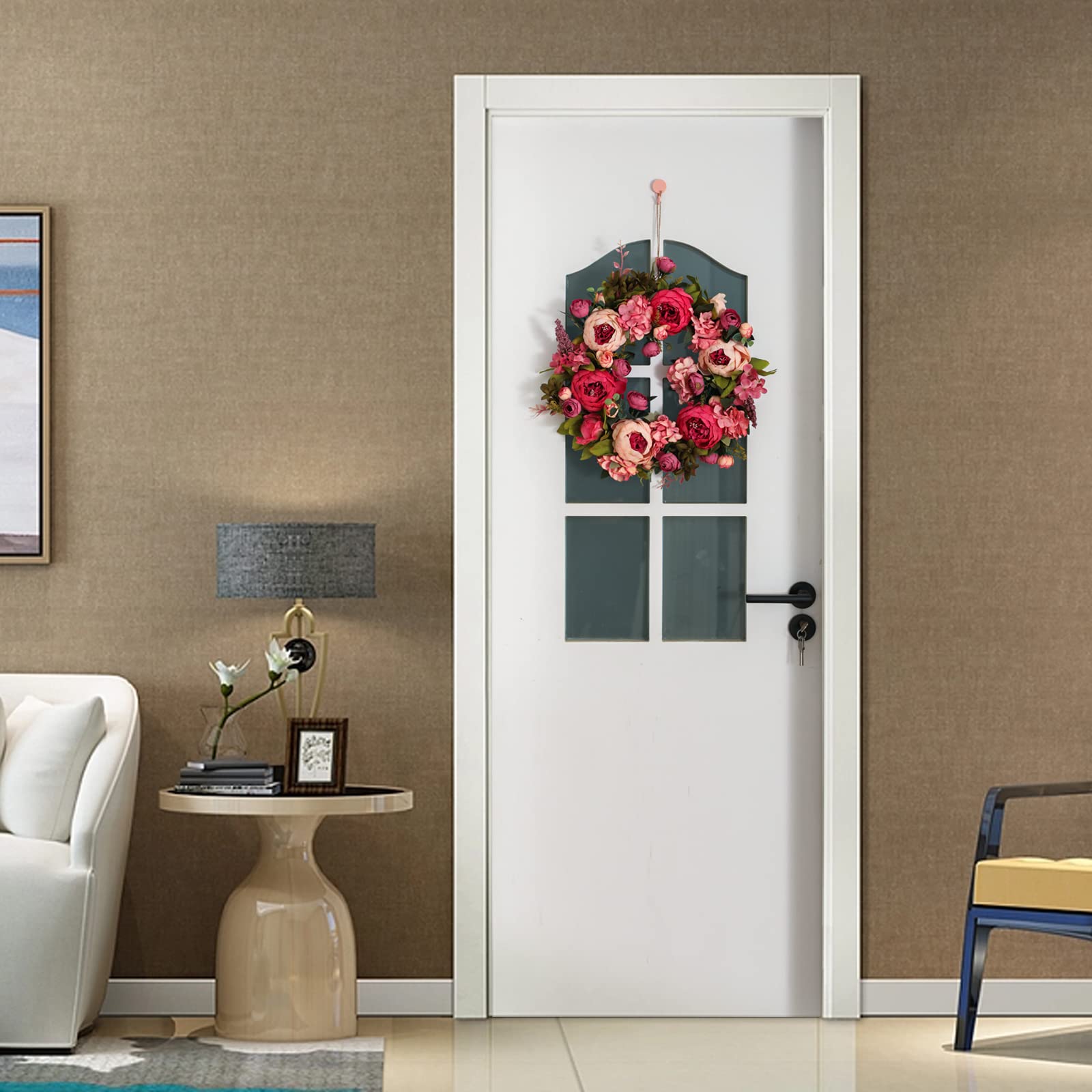 Ghirlanda Per Porta Primaverile Con Peonie Artificiali | Diametro 40,6 Cm | Fiori In Seta Fatti A Mano | Per Esterno E Interno