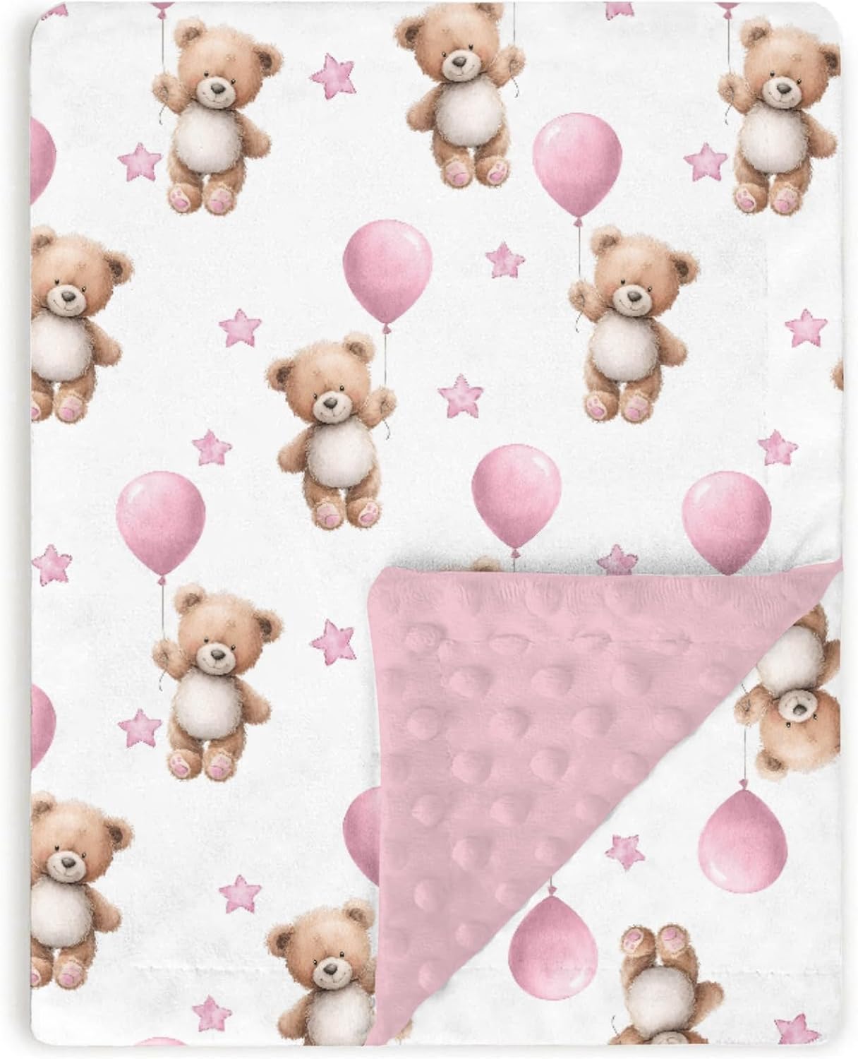 Dirty Pink Baby Blankets for Girls 30" x 40", Soft Double Layer Minky Blanket with Dotted Fleece Back, Nursery Bed Receiving Quilt Newborn Infant Toddler Shower Gift Bear Balloon Star Theme