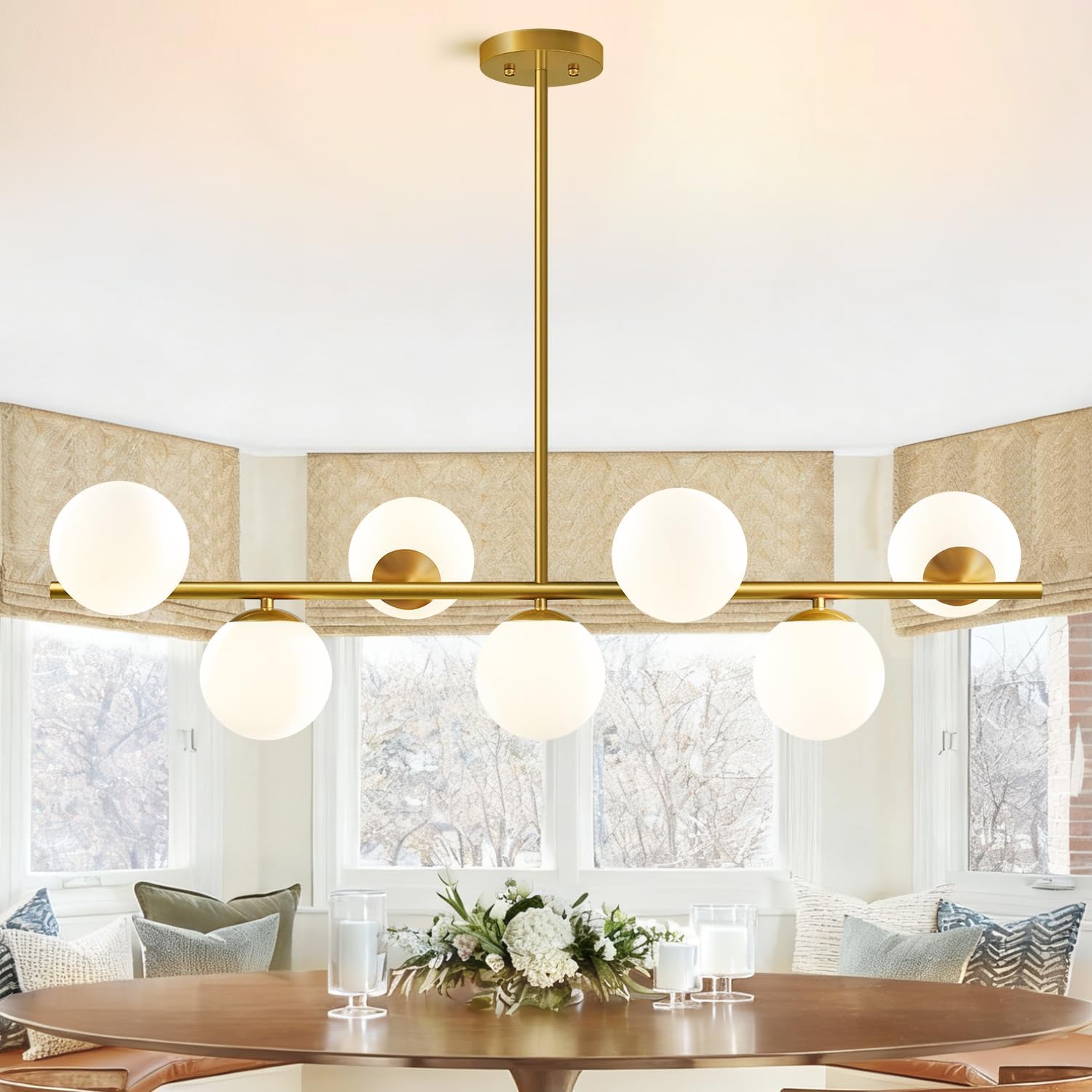 43.3" Modern Linear Chandeliers for Dining Room Pendant Light (7-Light, 43.3-Inch), Gold Dining Room Light Fixture Over Table with Bubble Globe, Mid Century Sputnik Chandelier (Bulbs not Included)