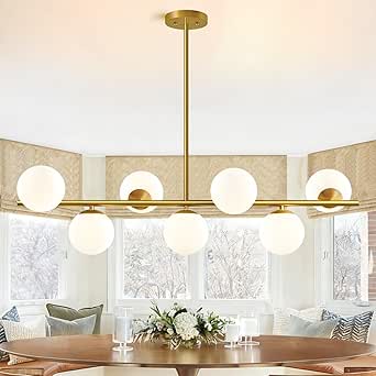 43.3-Inch Modern Linear Sputnik Chandelier with Bubble Globes - Gold Finish, 7-Light Pendant for Dining Room
