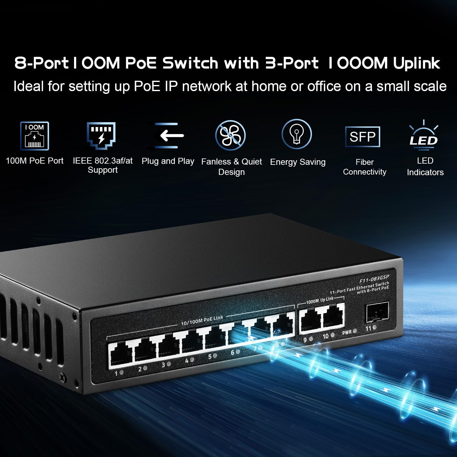 11 Port POE Switch, 8 POE+ 10/100Mbps, 2 Gigabit Uplink, 1 Gigabit SFP, IEEE802.3af/at, 135W Power Supply, Metal Case Unmanaged Plug and Play Binardat Switch