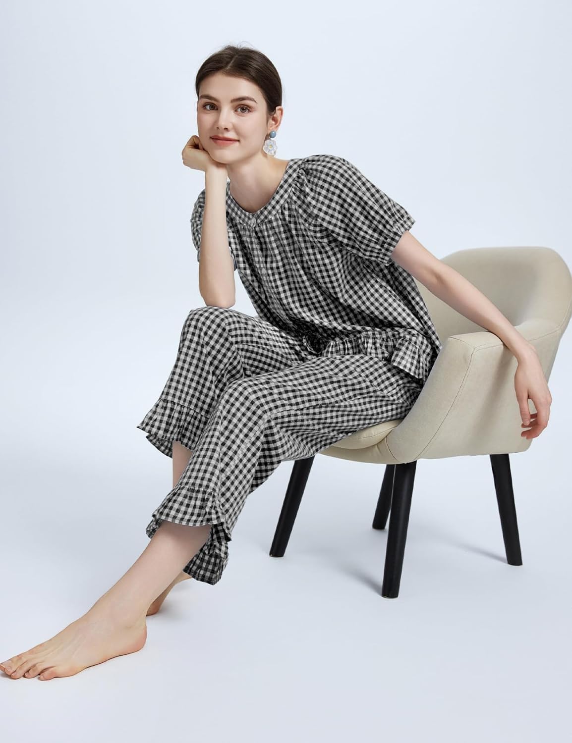 Flygo Womens Plaid 2 Piece Pajamas Sets Gingham Button Down Puff Sleeve Babydoll Shirt Ruffle Pants Y2K Pjs Lounge Set - Image 4